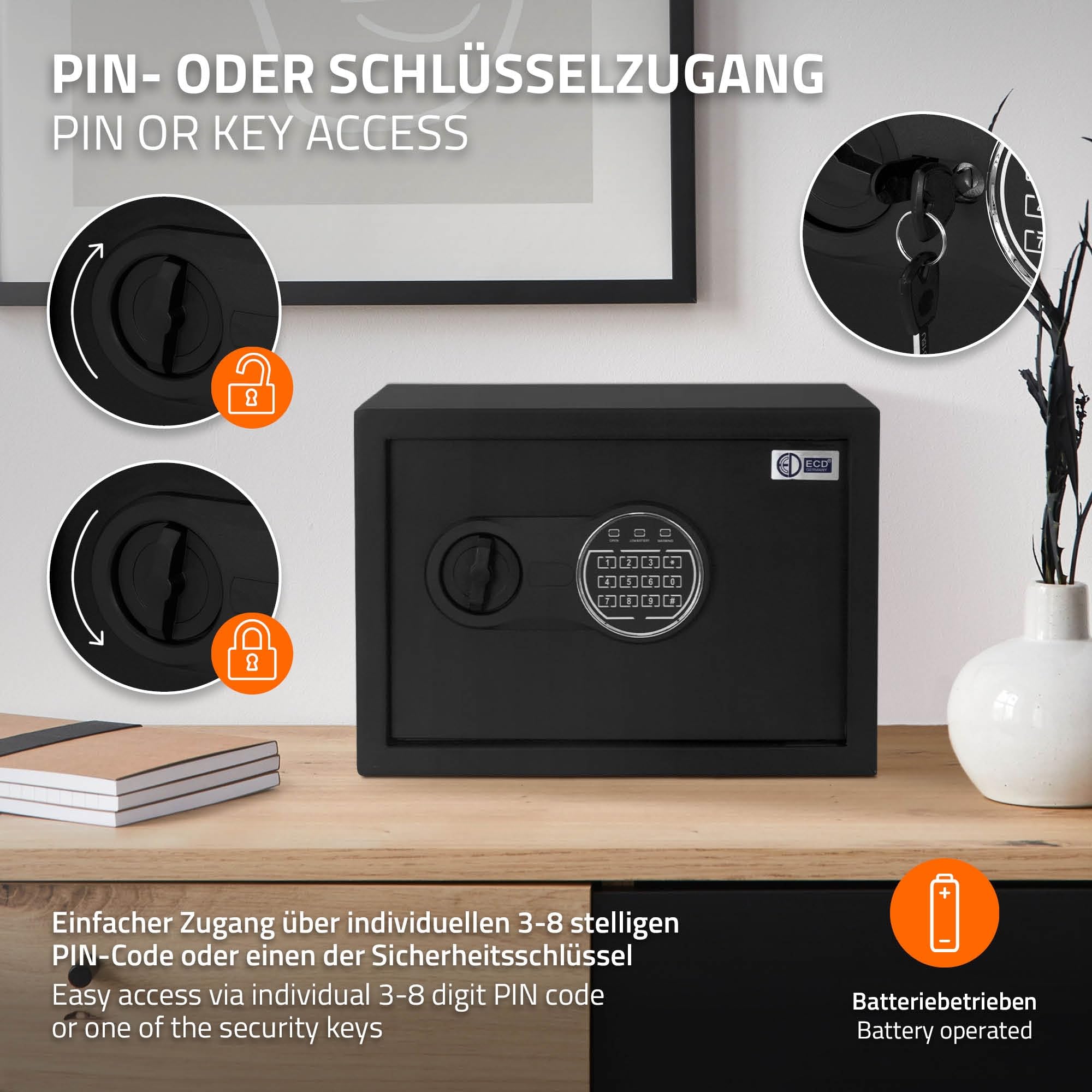 ECD Germany Caja Fuerte de Seguridad Eléctronica 16L 35x25x25 cm Pequeña con Bolsa Ignífuga, Teclado Númerico Digital, Luz de Sensor y Código PIN Metal Negro Depósito Seguro de Pertenencias