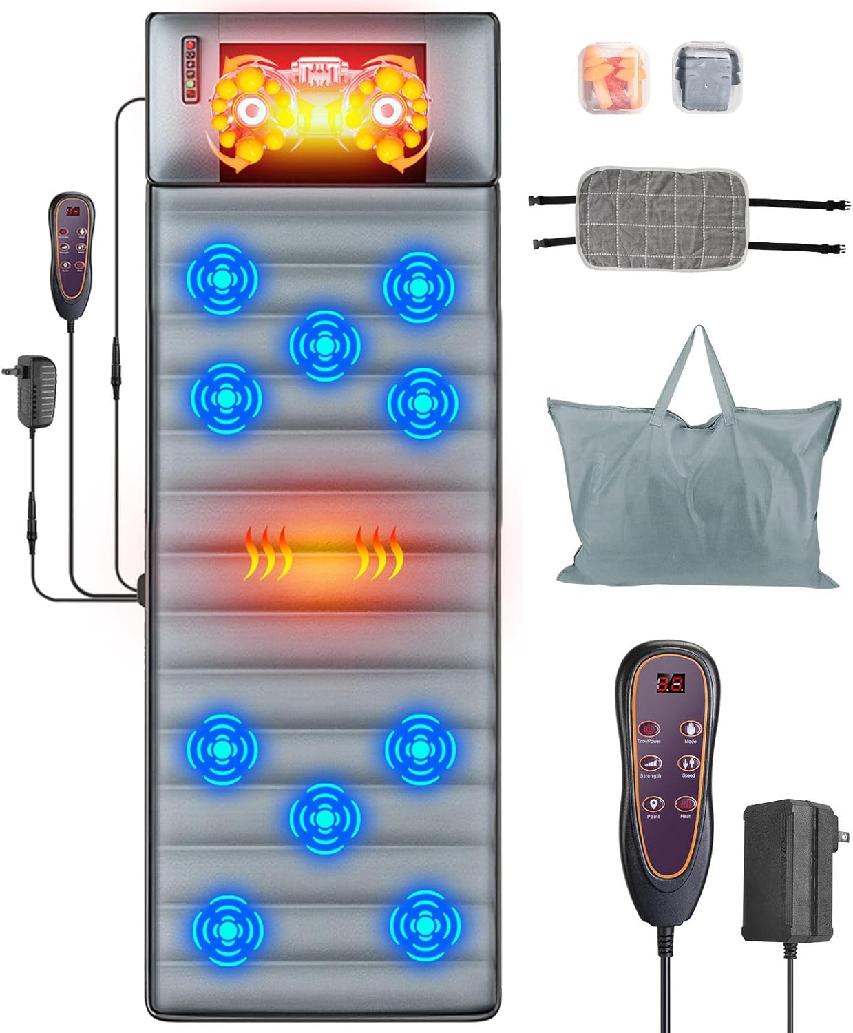 TeqHome Full Body Massage Mat with Heat & Movable Shiatsu Neck Back Massager Pillow, Upgraded Massage Mattress Pad with 10 Vibration Motors,9 Massaging Mode,2 Heating Pad,for Back Neck Leg Pain Relief