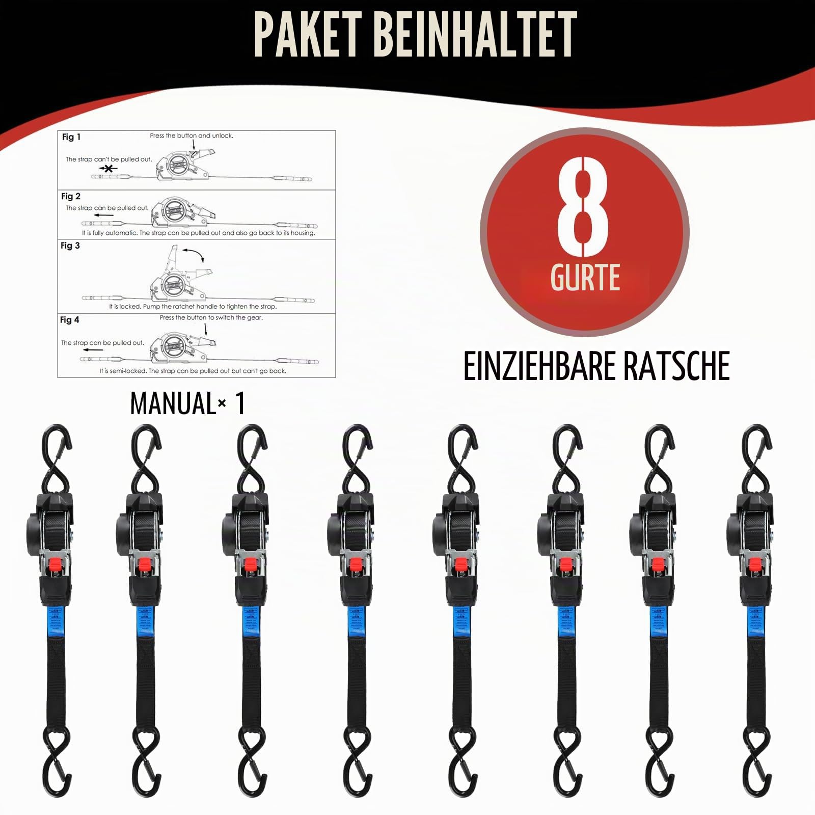 Automatik Spanngurt, 3 m x 25mm, 300 daN | 748 kg Bruchlast, 8 Stück | Selbstaufrollende Spanngurte, Ratschengurt mit S Haken, Zurrgurt für Anhänger, Motorrad, Fahrrad Mehr, Schwarz