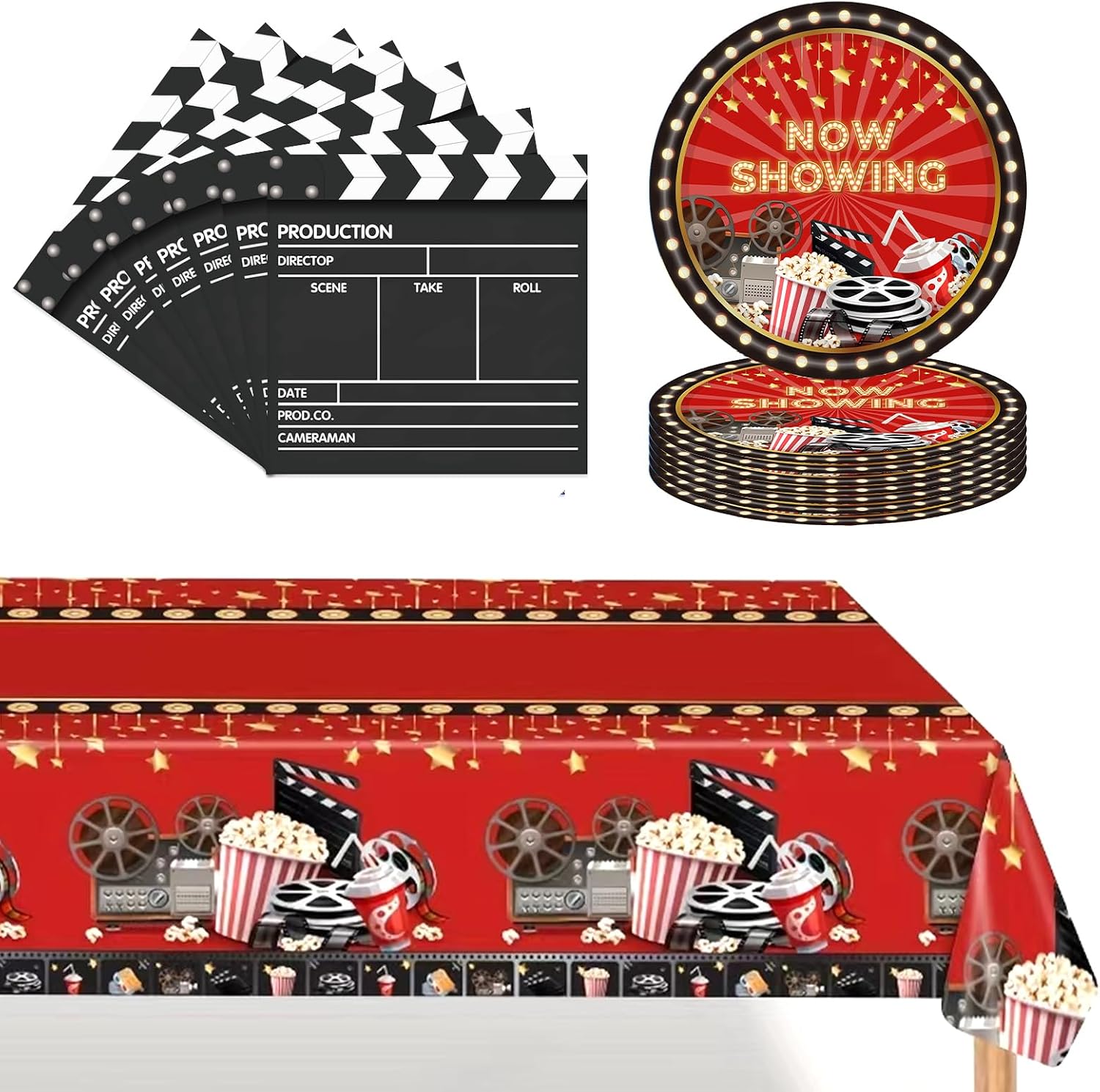 POPOYU Juego de vajilla de papel para fiesta de noche de cine, platos de fiesta nocturna de Hollywood, servilletas, servilletas y mantel, decoración de mesa de cumpleaños para fiesta temática de noche
