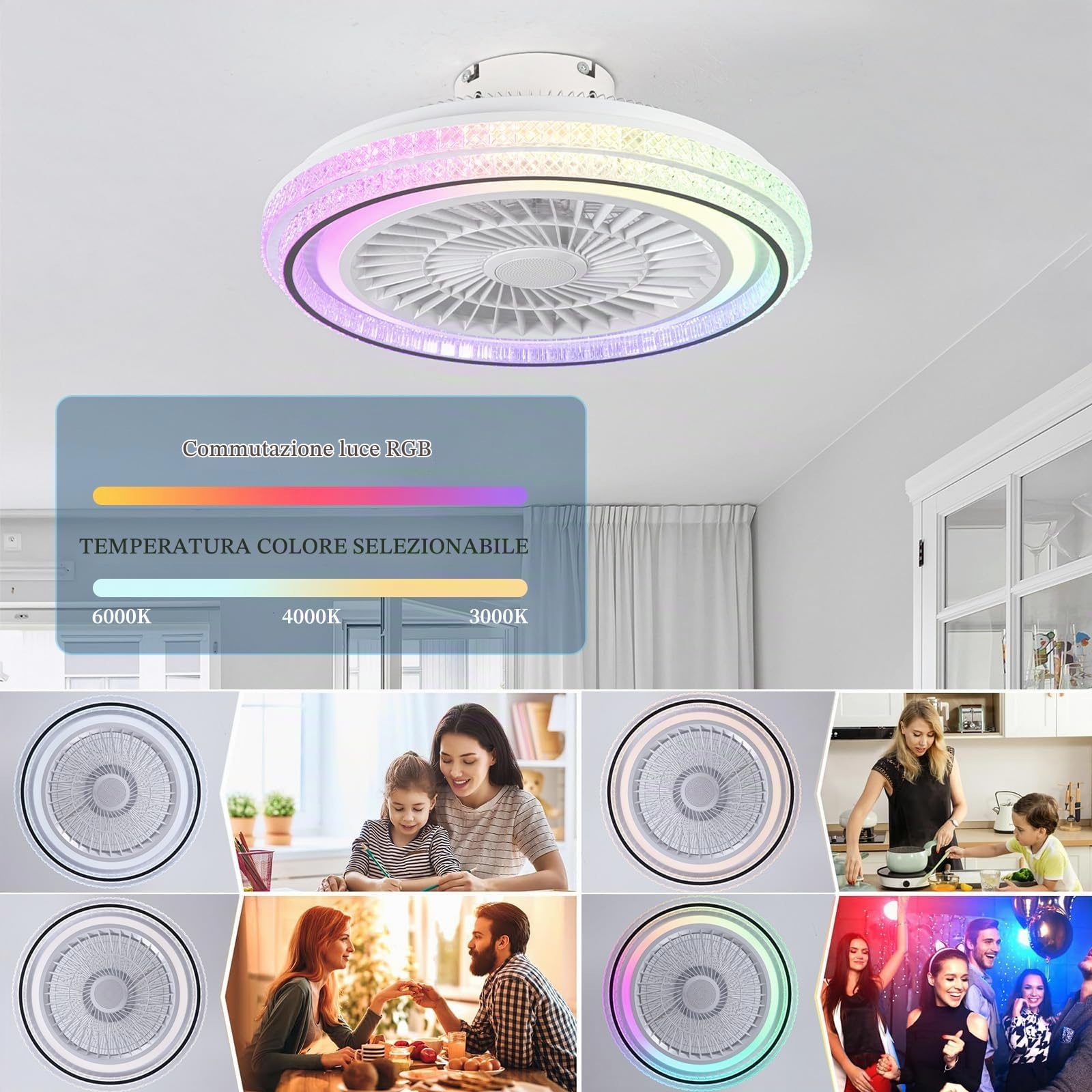 Alexa RGB Lampadario Con Pale Ventilatore E Altoparlante Musicale Bluetooth Bambini Lampada A Led Con Ventilatore Da Soffitto Con Luce E Telecomando 6 Velocità Per Cameretta Soggiorno Festa