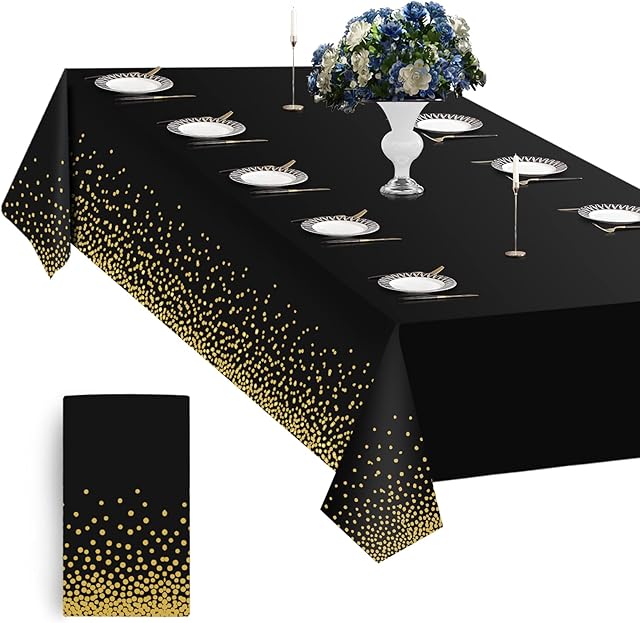 Black and Gold Table Cloth Party Rectangular Paper Tablecloths Disposable, 108" x 54" Large Pvc Plastic Table Cover Waterproof for Festive, Halloween, Christmas, Xmas, New Years, Birthdays Decorations