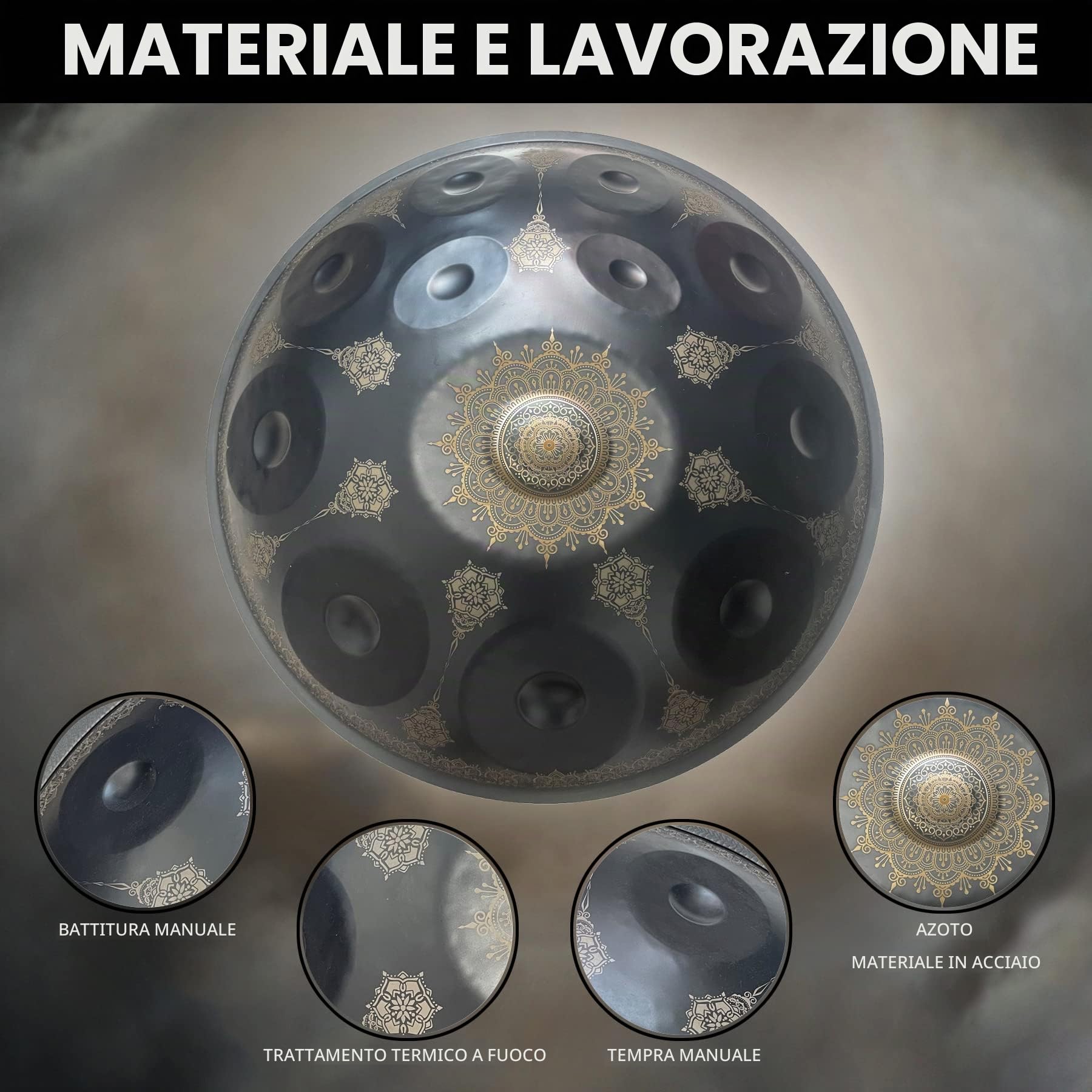 12 note Handpan da 22 pollici, re minore 432 Hz strumento a percussione tamburo d'acciaio, performance musicale mandala strumento musicale curativo fatto a mano regalo nero