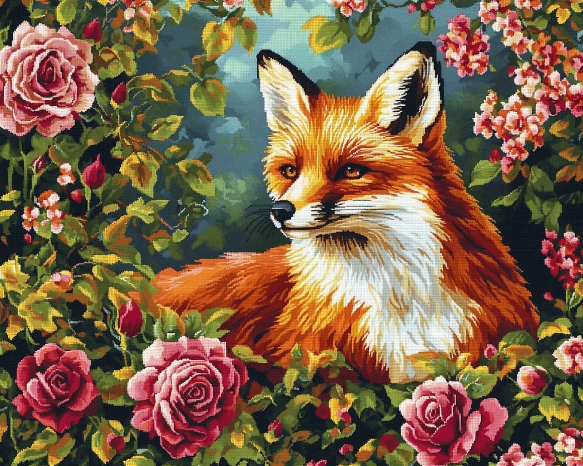 AxiangziK DIY Cross Stitch Embroidery Kit 16x20in,The Fox in the Flower Bushes Pre Printed Counted Cross Stitch Patterns,11CT Handmade Cushion Needlework Kit for Home Decoration & Gift