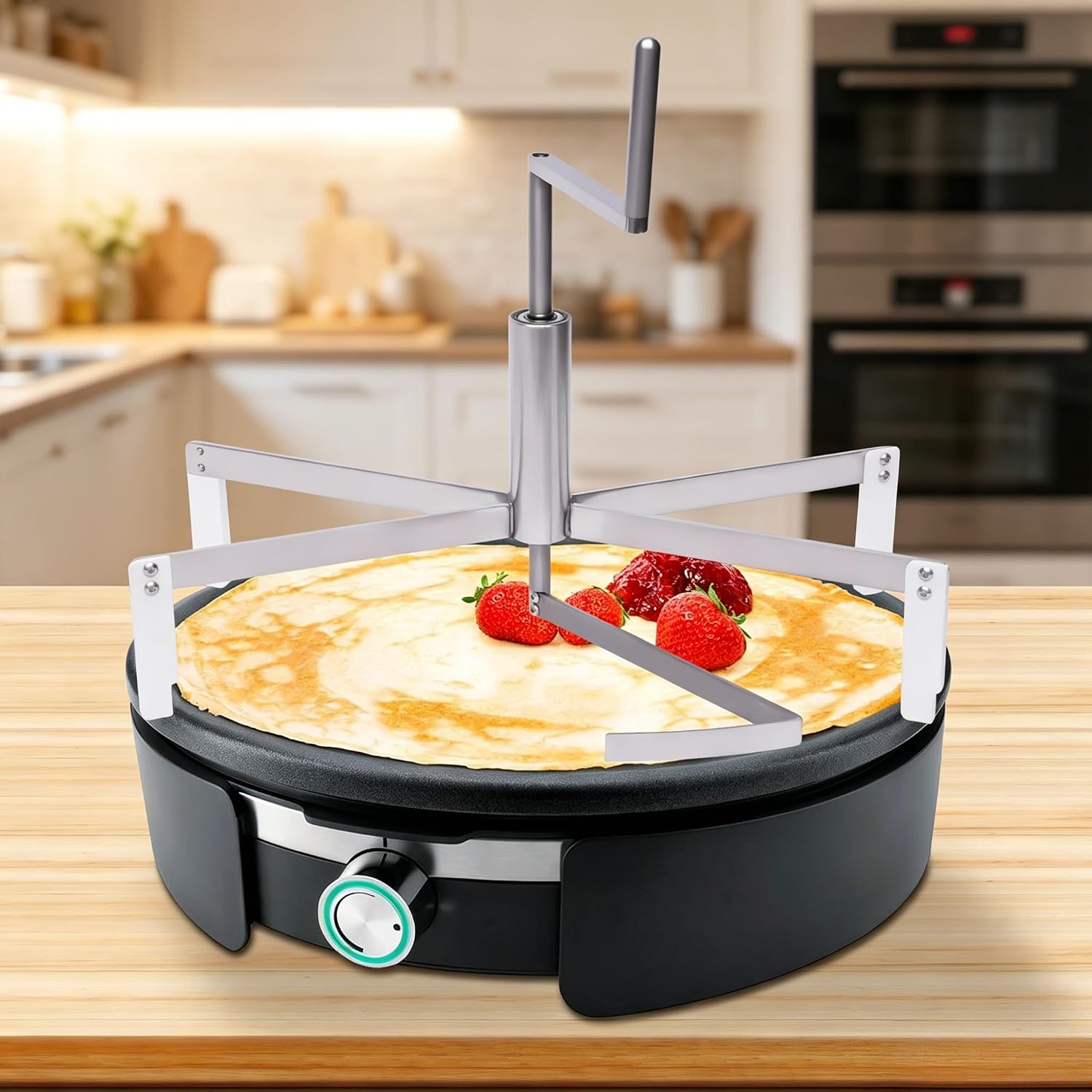 16.93" Stainless Steel Crepe Spreader, Height Adjustable Pancake Maker Tool with Scraper, Non-Stick Batter Spreader for Pancakes, Egg Crusts, Pizza, Layer Cakes