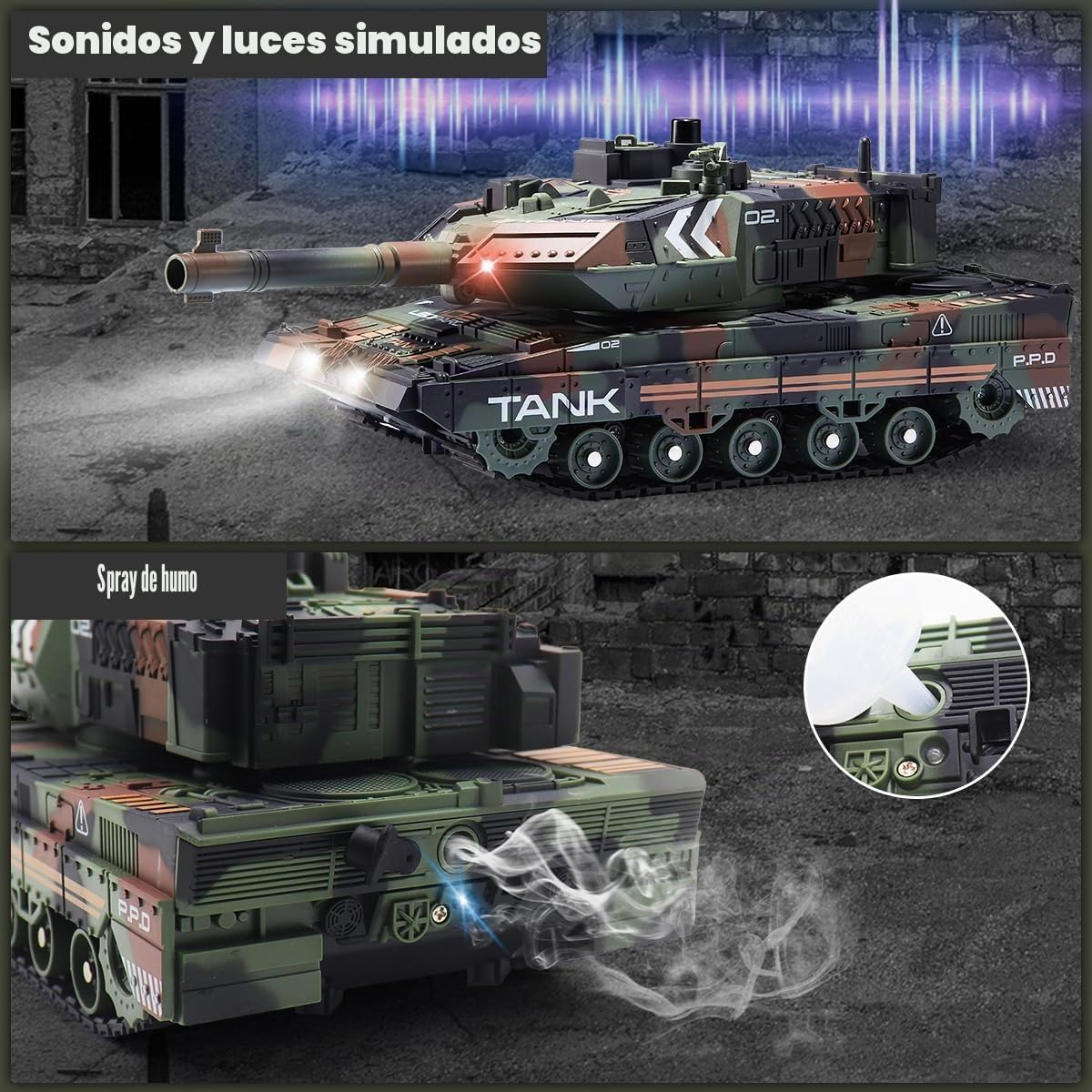 Vehículo de tanque teledirigido Hitish RC que dispara para niños y adultos, juguete de tanque del ejército con sonido de demostración automático, luz de humo, modelo de vehículos militares de 13