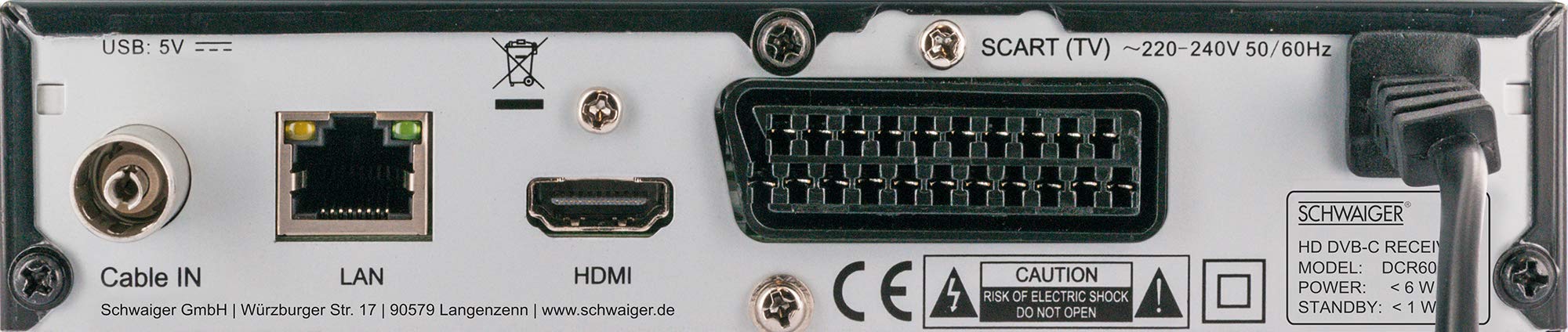 Schwaiger GmbH- Full HD Kabelreceiver/digitales Kabelfernsehen/USB 2.0-, HDMI-, SCART-Anschlüsse/Fernbedienung und Batterien inklusive/schwarz, DCR600