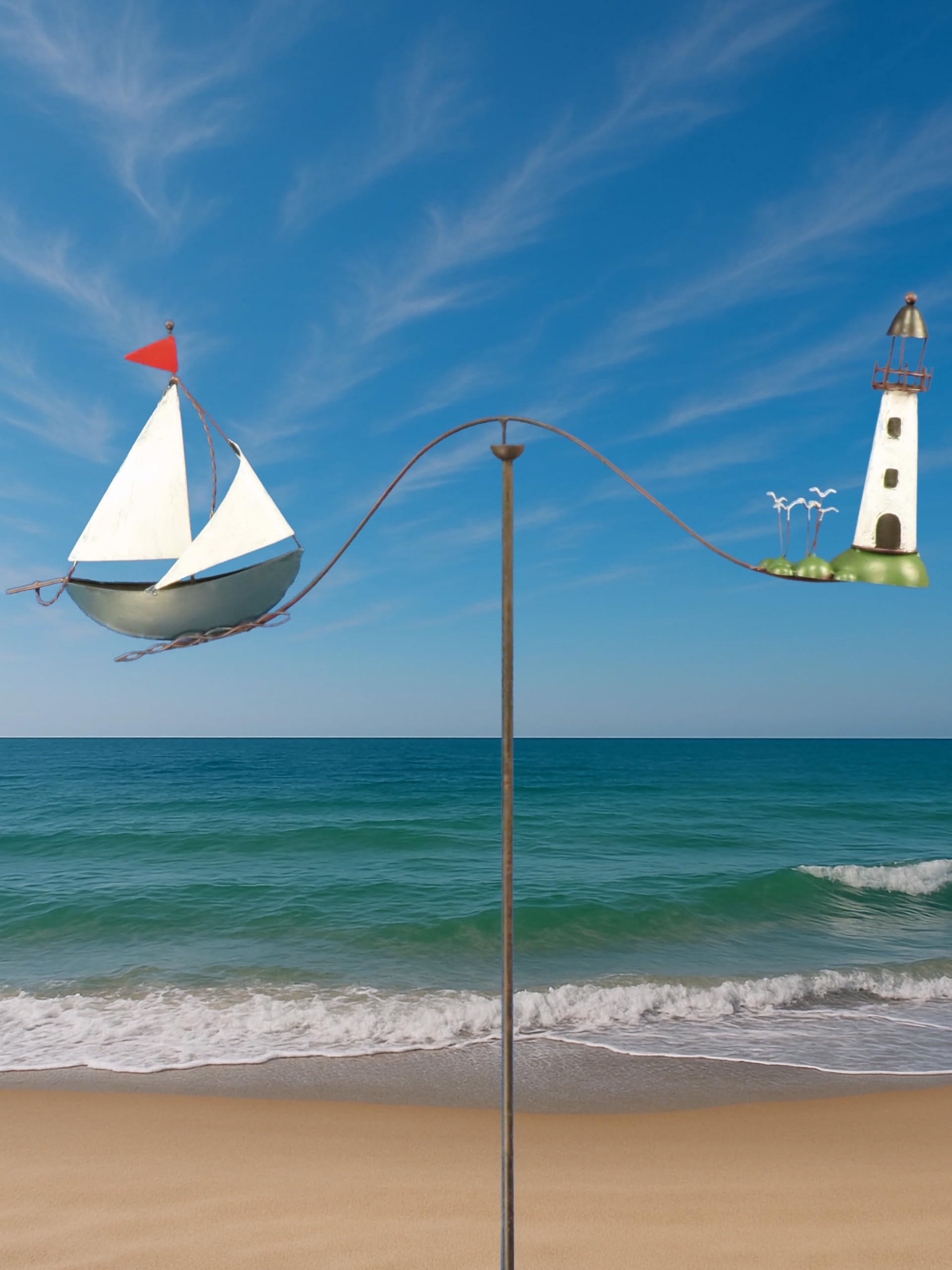 Pommerntraum ®| Windspiel Gartendeko Leuchtturm Möwen Segelboot Maritim | Gartenpendel Gartenstecker Nautik Segelschiff Segelyacht Vogel Vögel Küstenfans Segler Skipper SEGELBOOT + LEUCHTTURM + MÖWEN