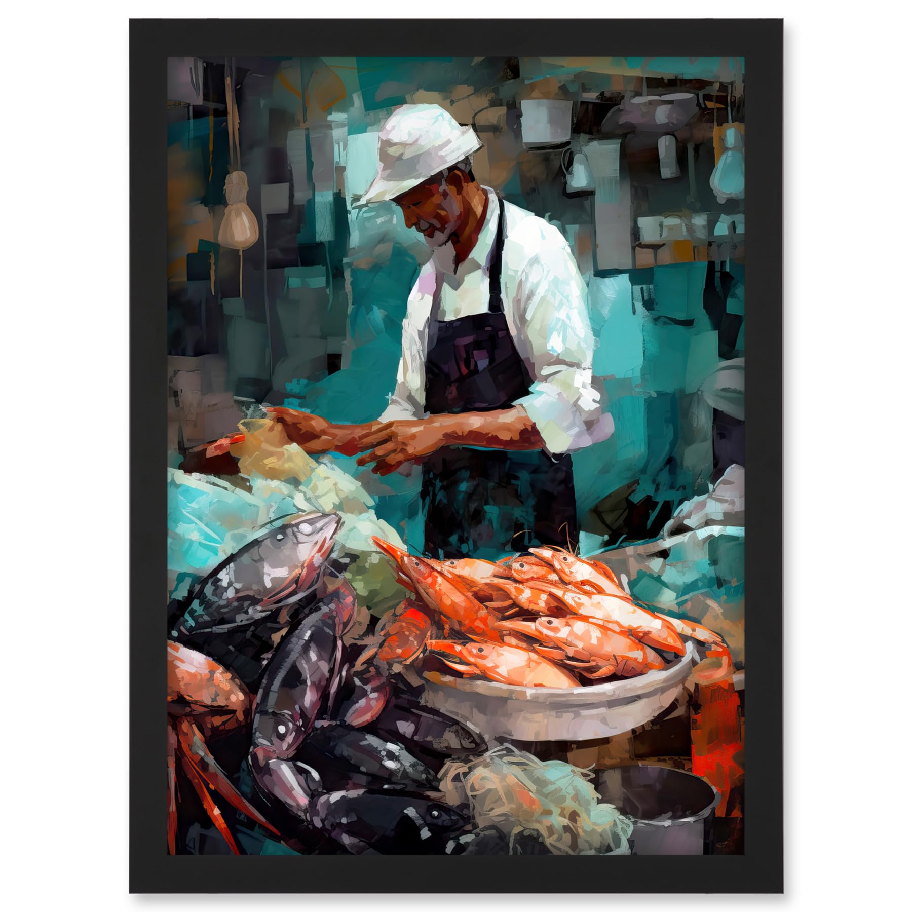 Artery8 Market Fishmonger Selling Fresh Catch Seafood Artwork Framed A3 Wall Art Print