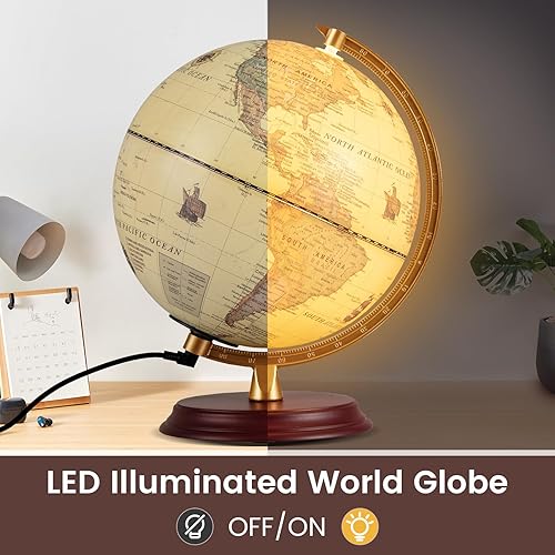 Miniatura 2 de Goplus Globo del mundo iluminado de 8 pulgadas, lámpara de globo con luz nocturna antigua con soporte de madera y mapa HD para niños y adultos,