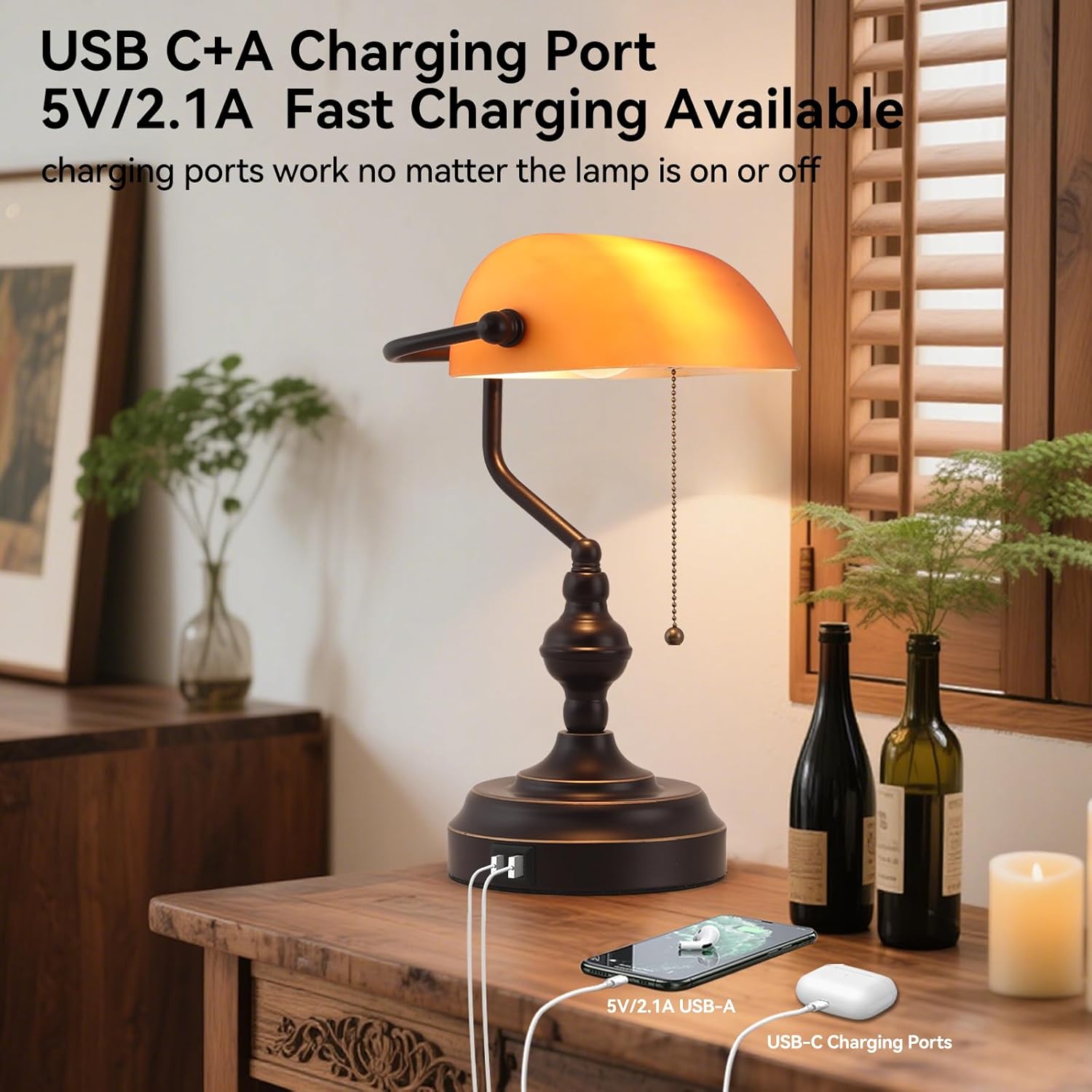 Bankers Desk Lamp with Pull Chain Switch, Vintage Banker's Desk Lamp with USB A and Type C Charging Port, Library Lamp for Office Study Room, Amber Glass Bronze Desk Lamps