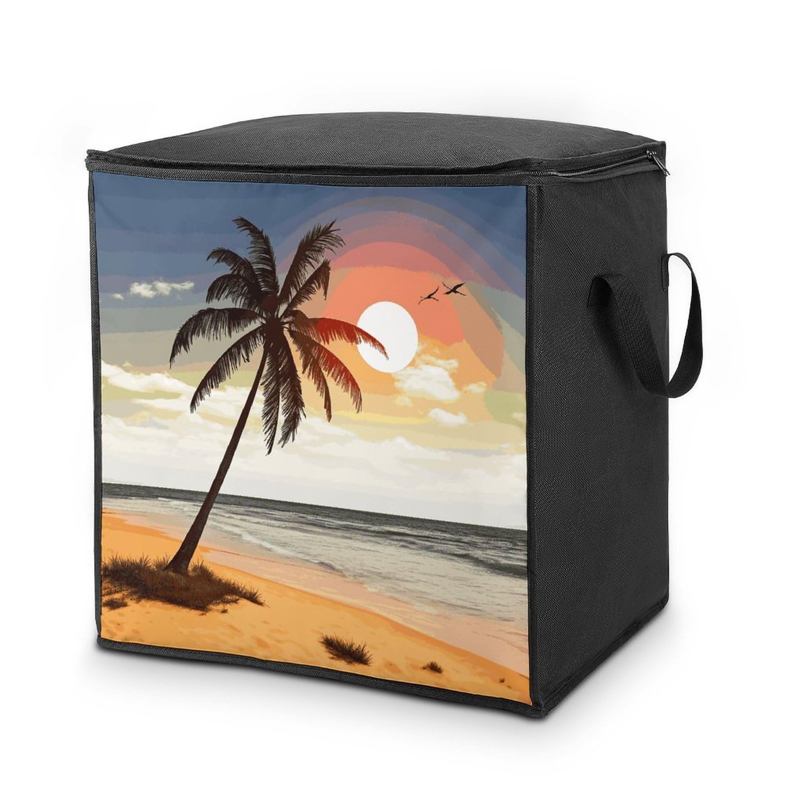 Palm Tree on Beach Storage Bag with Zippers And Handle Extra Large Bedding Comforter Storage Bag Foldable Blanket Storage Bags Fabric Moving Bags for Closet Organizer (70L)