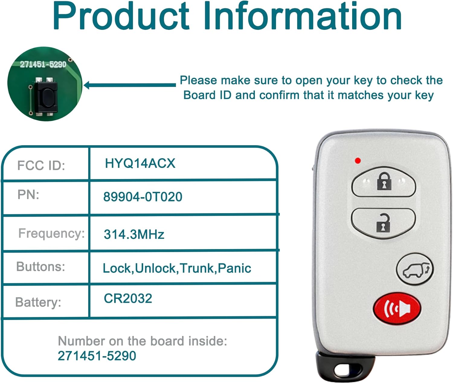 Smart Key Fob for Venza, FengRKey Remote Control Key Fob Compatible with Toyota Venza 2009-2010 HYQ14ACX 271451-5290 89904-0T020 Gray