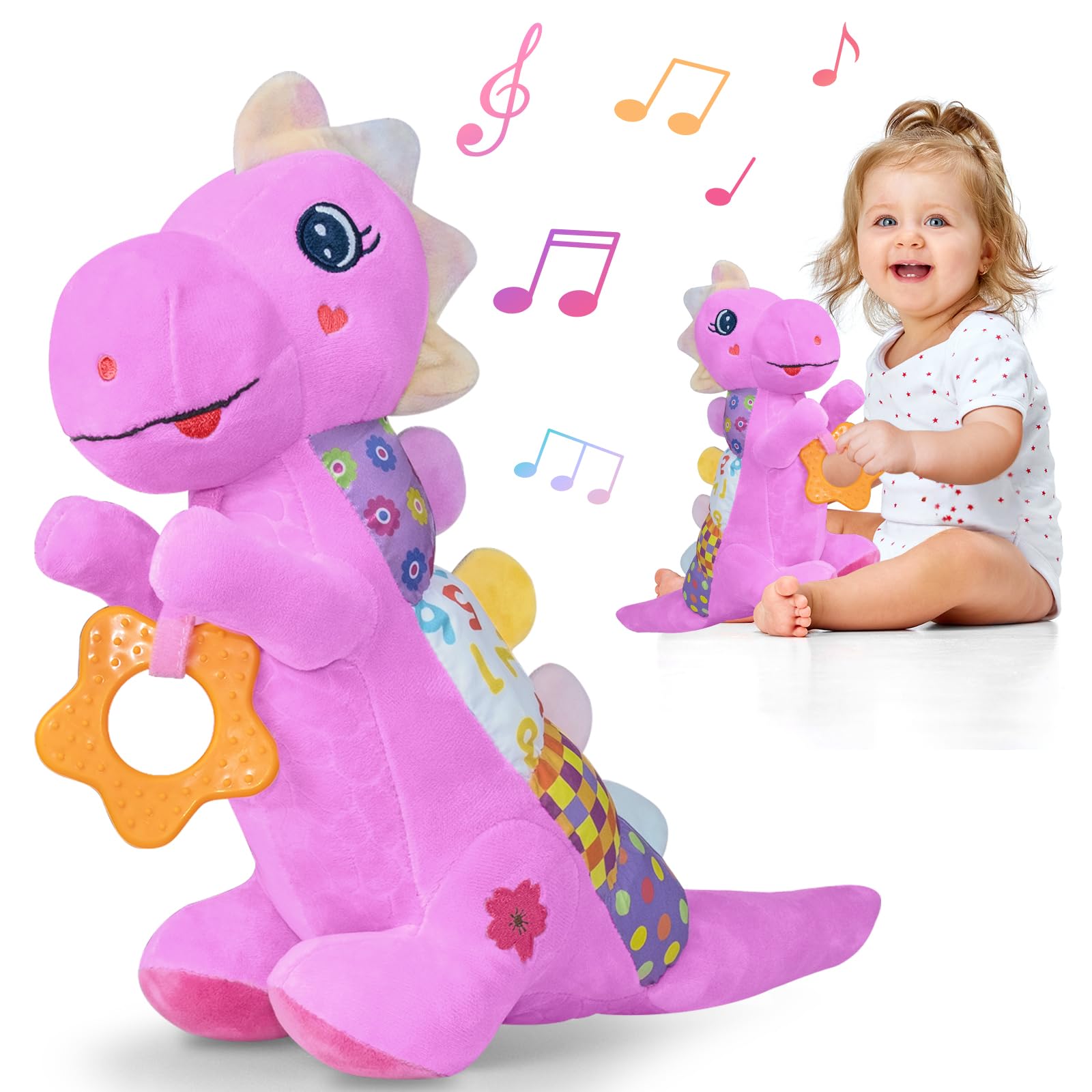 Baby Dino Plush Soft Stuffed Animal Toy for 0-3-6-12+ Months,Infant Musical Toy with Rattle,Squeaker,Sensory Crinkle,Teether & Textures,Tummy Time Toys Christmas Baby Gift for Newborn Girl(Purple)