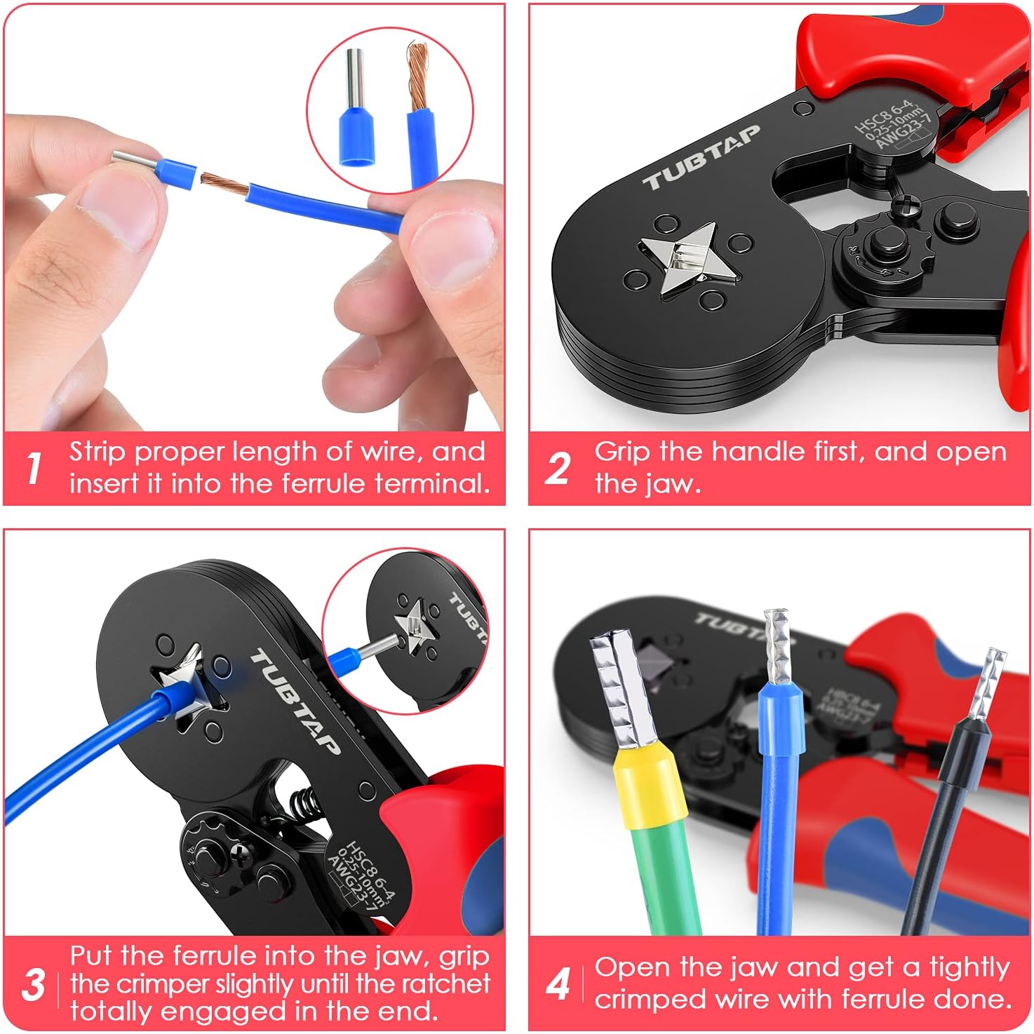 TUBTAP Ferrule Crimping Tool Kit, AWG 23-7 Self-adjustable Ratchet Wire Crimping Tool Kit Crimper Plier Set, with 1200PCS Wire Terminals Crimping Connectors Wire End Ferrules - - 