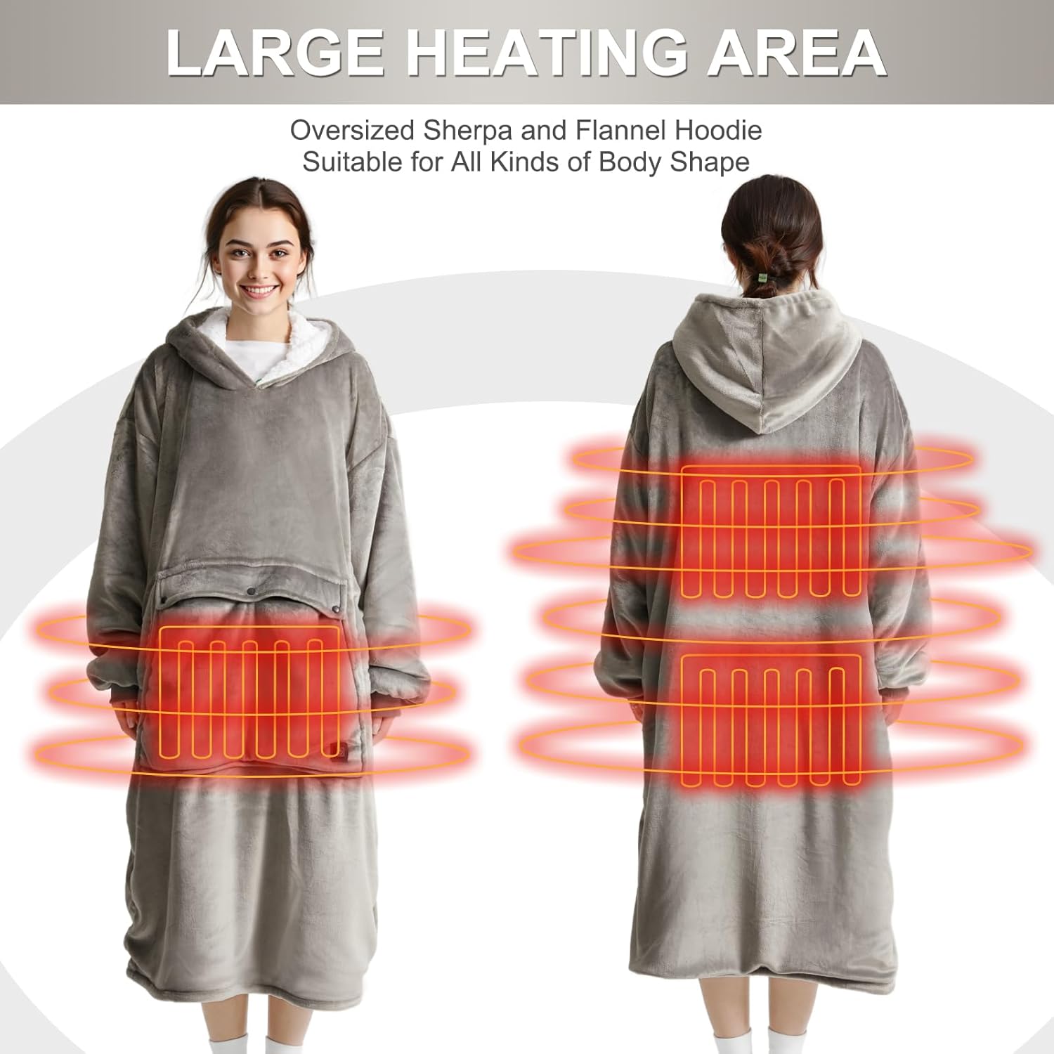 Wearable Heated Blanket Hoodie, USB Cordless Wearable Electric Blanket with 3 Heat Settings & Giant Pocket, Cozy Warm Oversized Sherpa Blanket Sweatshirt for Women & Men (Light Grey)