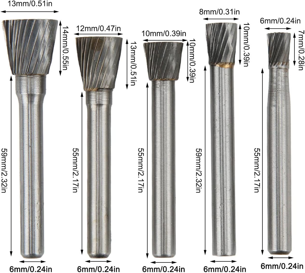 N Burr Set, Carbide Burr File, Single Cut 6mm Shank Grinding Polishing Files for Aviation Vehicles Ship, iency Carbide Burr Bits with 5PCS Different Sizes