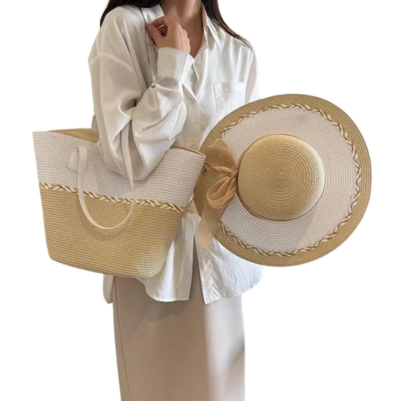 SHINROAD Versatile Straw Handbag Girls Summer Sun Hat Woven Shoulder Bag Tote Set with Bow Elegant Beach Cap for Travel Work Daily Essentials Boho Chic Beige One Size