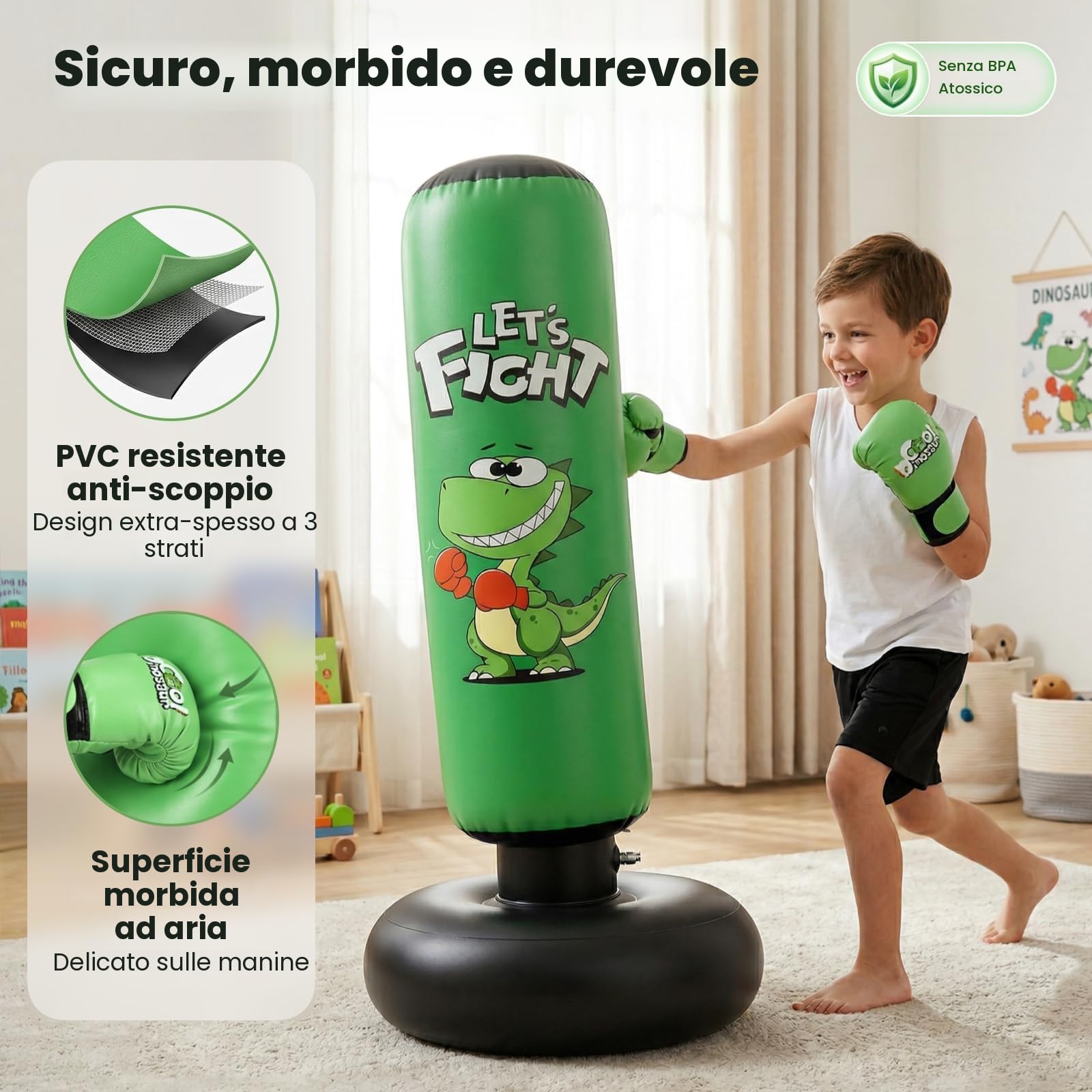 Sacco da boxe per bambini, 120 cm, con guantoni da boxe per bambini da 3 a 8 anni, set da boxe con base stabile per praticare karate, taekwondo, idea regalo per ragazzi