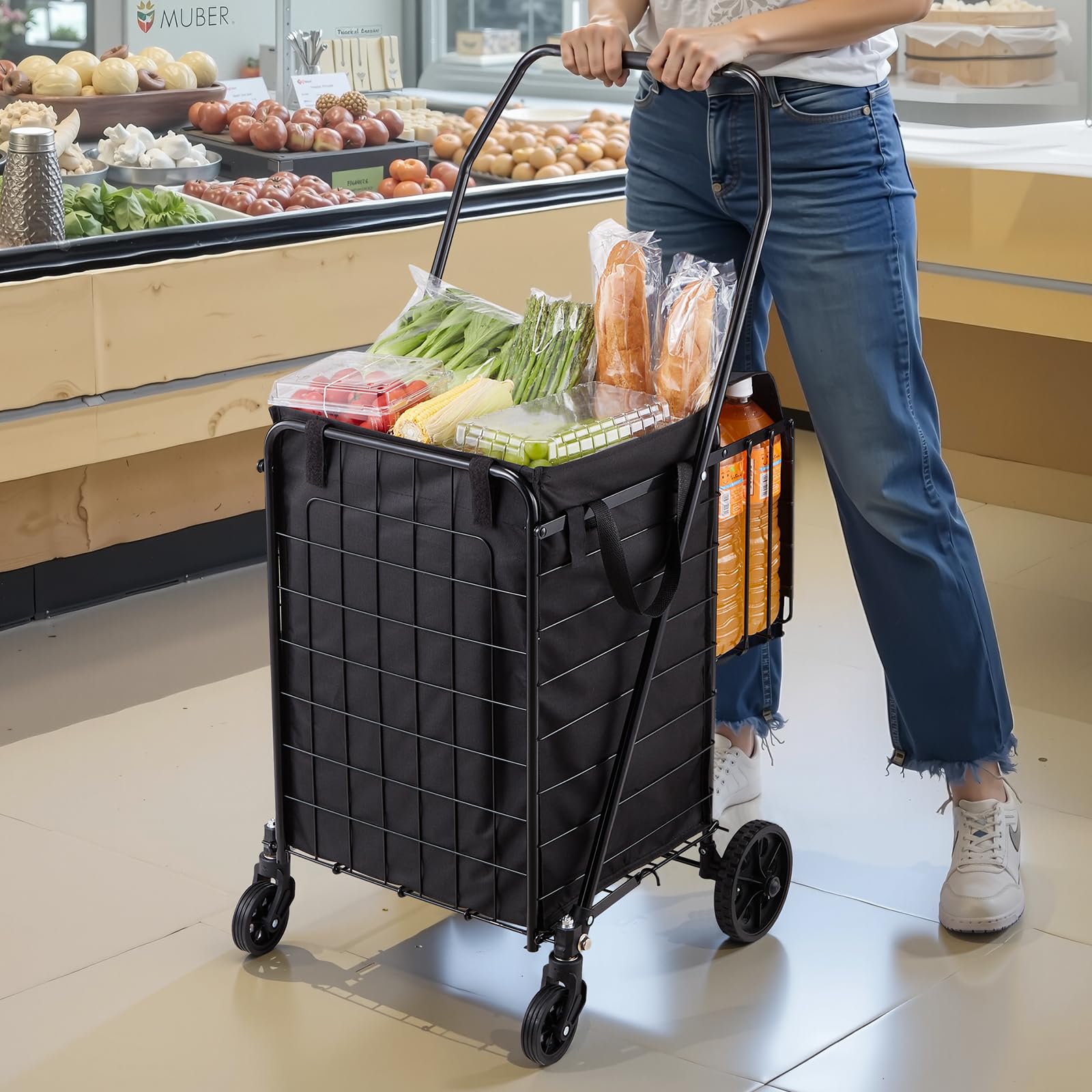 VEVOR Einkaufswagen zusammenklappbarer Einkaufstrolley mit Zwei Körben & wasserfester Auskleidung & Rädern, 45,3 kg Tragkraft, 64 +10 L Einkaufsroller für Wäsche Einkaufen Camping Lebensmittel