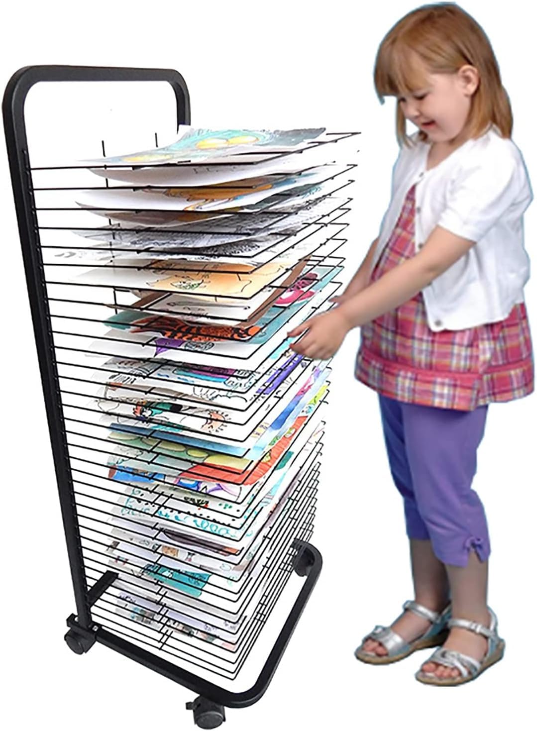 Étendoir à roulettes – Chariot de rangement en toile A3/A4 à 20 couches pour enfants, salle de classe et studio d'art – Noir acier facile à mobilité réduite