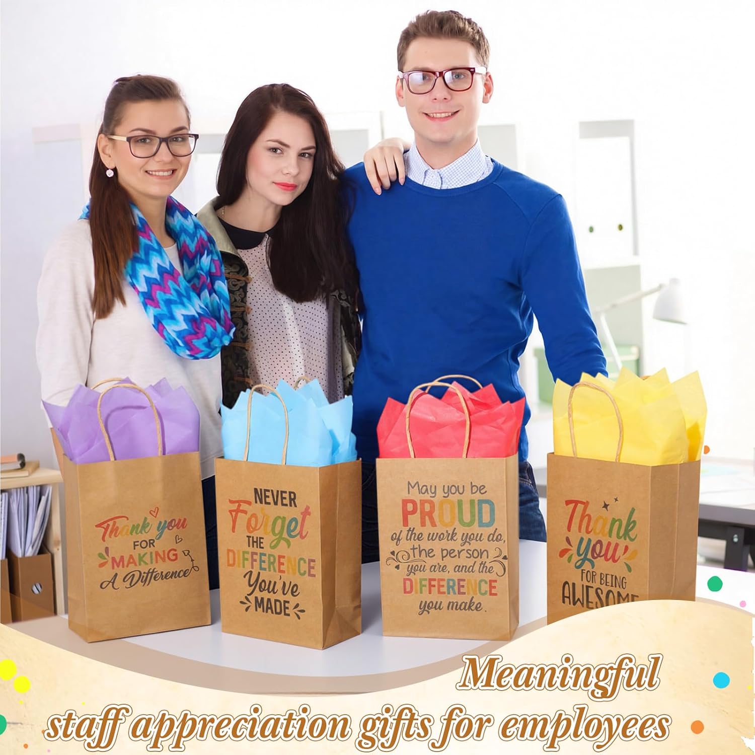Feifeiya 60 Pack Employee Appreciation Gift Bags Bulk Thank You Paper Bags with Handle and Tissue Paper for Coworker Team Staff Teacher Nurse Volunteer Party Favors(Kraft Color,Appreciation)