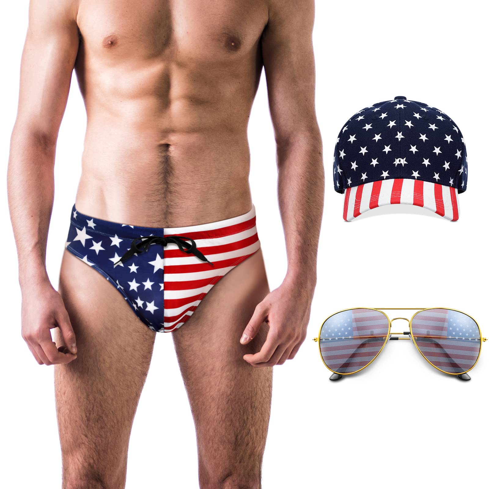 YahendaMen's American Flag Patriotic Swimwear USA Bikini Swimsuits Beach Hat Sunglasses for 4th of July Independence Day