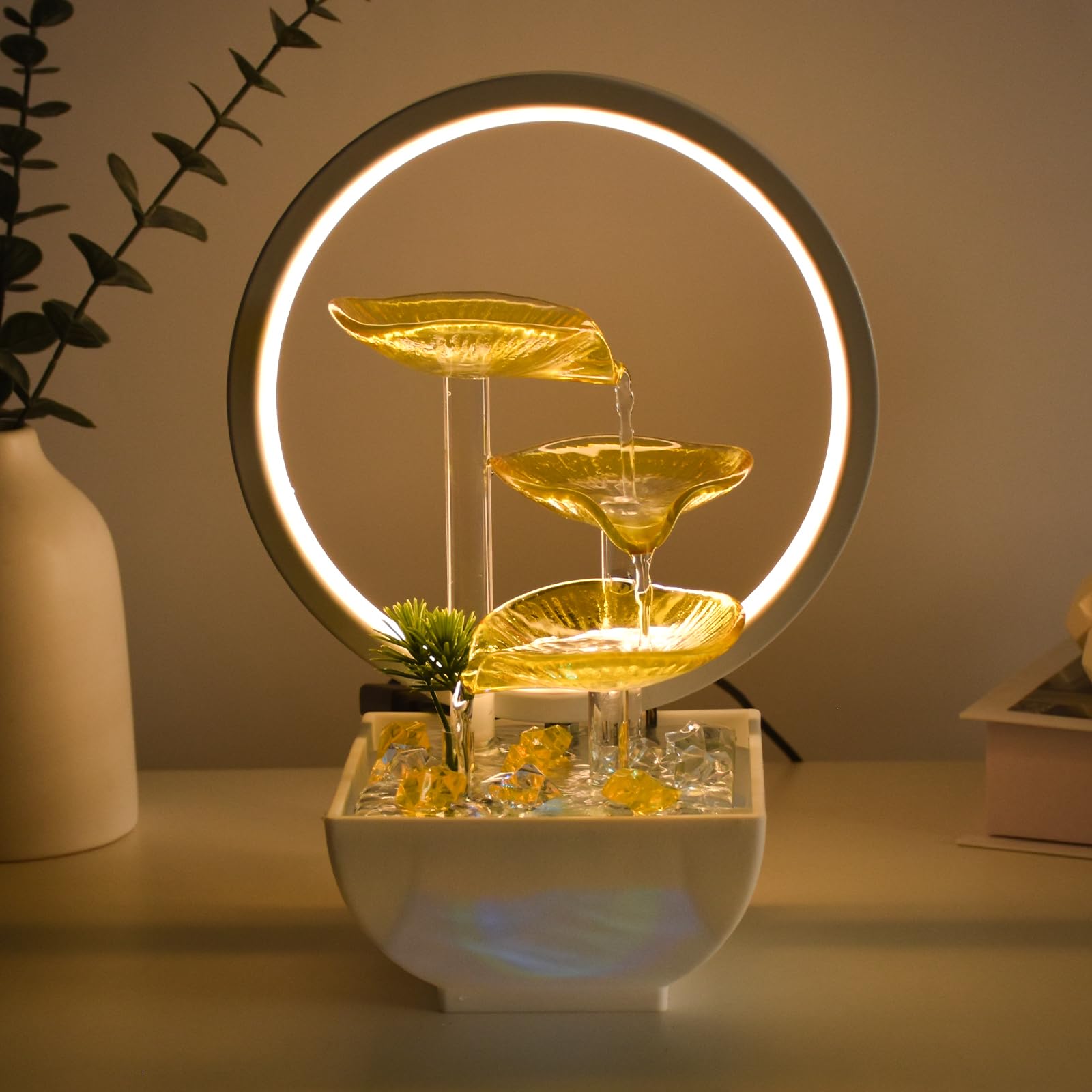 Water Fountain for Home Decor – 29cm Golden Amber Glass Indoor Waterfall with LED Light – Tabletop Showpiece for Living Room, Office Desk & Bedroom – Wealth Prosperity Gift (Frost Yellow)-image-25