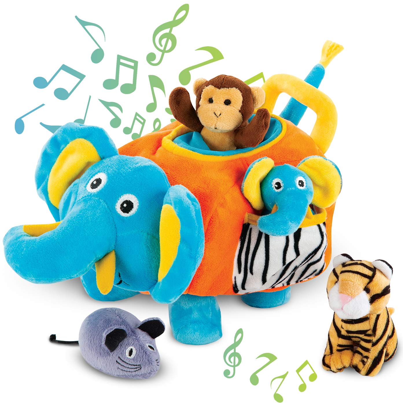 Bundaloo Plush Elephant Toy with Animals - Tiger, Elephant, Monkey, and Mouse, Interactive Fun Baby Toys 12-18 Months for Boys, Girls, Toddlers