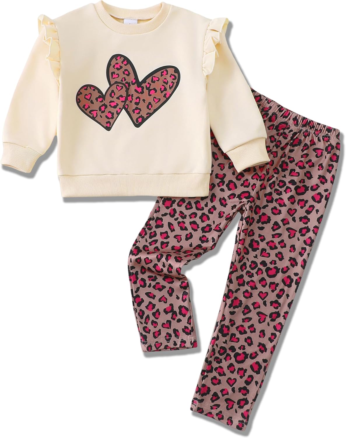 Jecson Toddler Girl Clothes Ruffle Long Sleeve Figure Graphic Sweatshirt and Leopard Pants Fall Winter Outfits Set 2-8Y