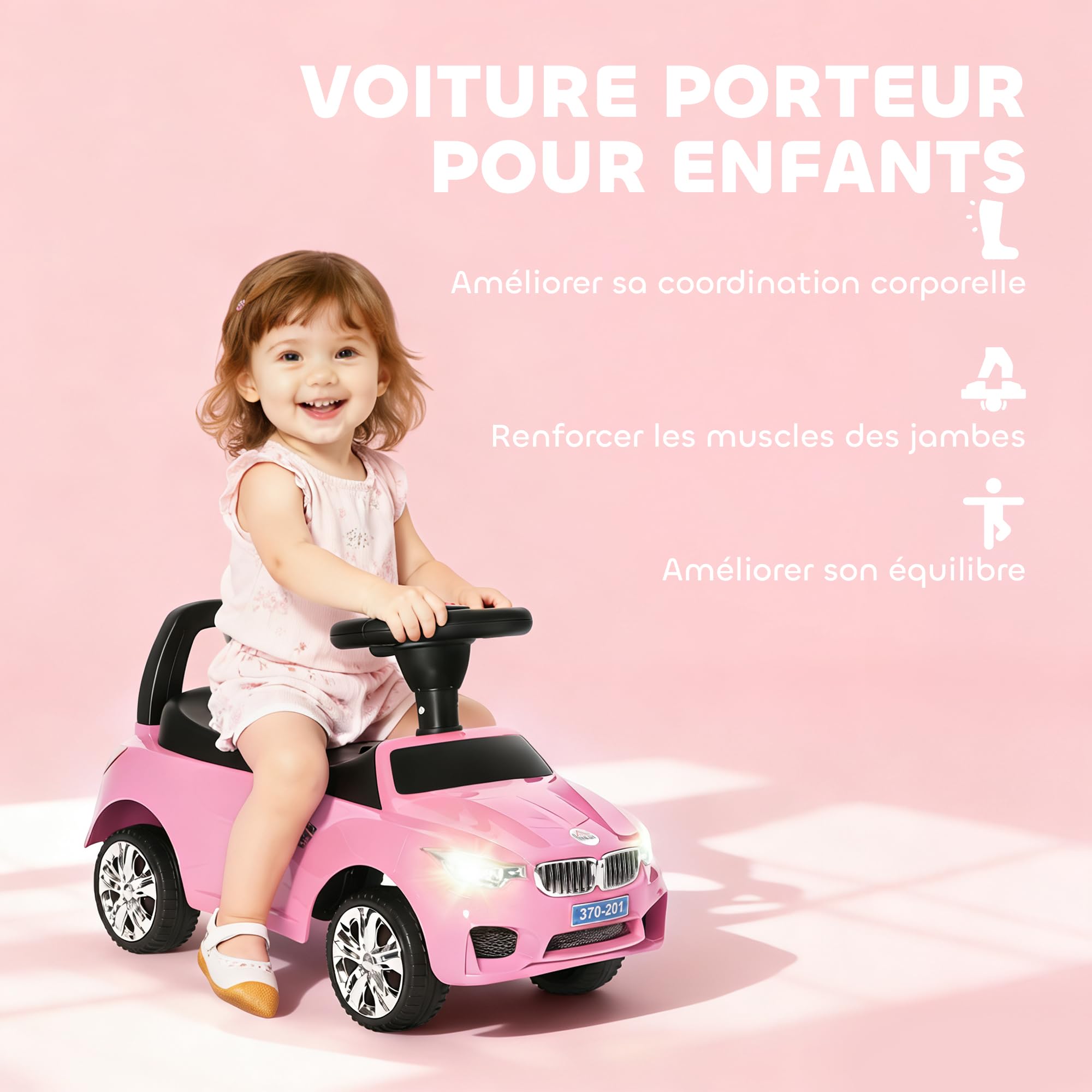 HOMCOM Voiture à Pousser Enfants avec Coffre à Jouets, Klaxon, Phares, Musique, 18-36 Mois, Rose