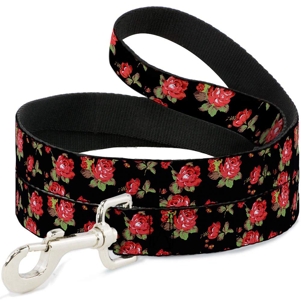 Dog Leash Red Roses Scattered Black 4 Feet Long 0.5 Inch Wide