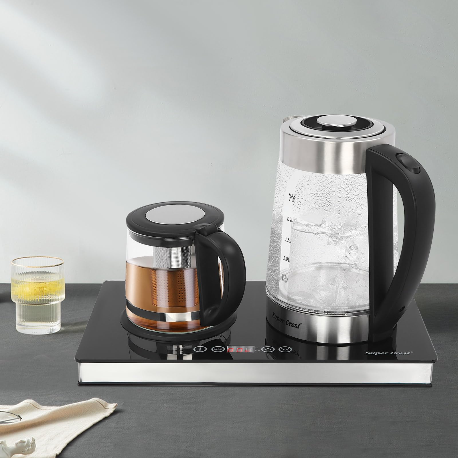 Wasserkocher aus Edelstahl und Glas, 1500 W, Digitaler Glaswasserkocher mit Temperaturwahl, Hitzebeständiger, Großer Wasserkocher, Teekanne Elektrisch