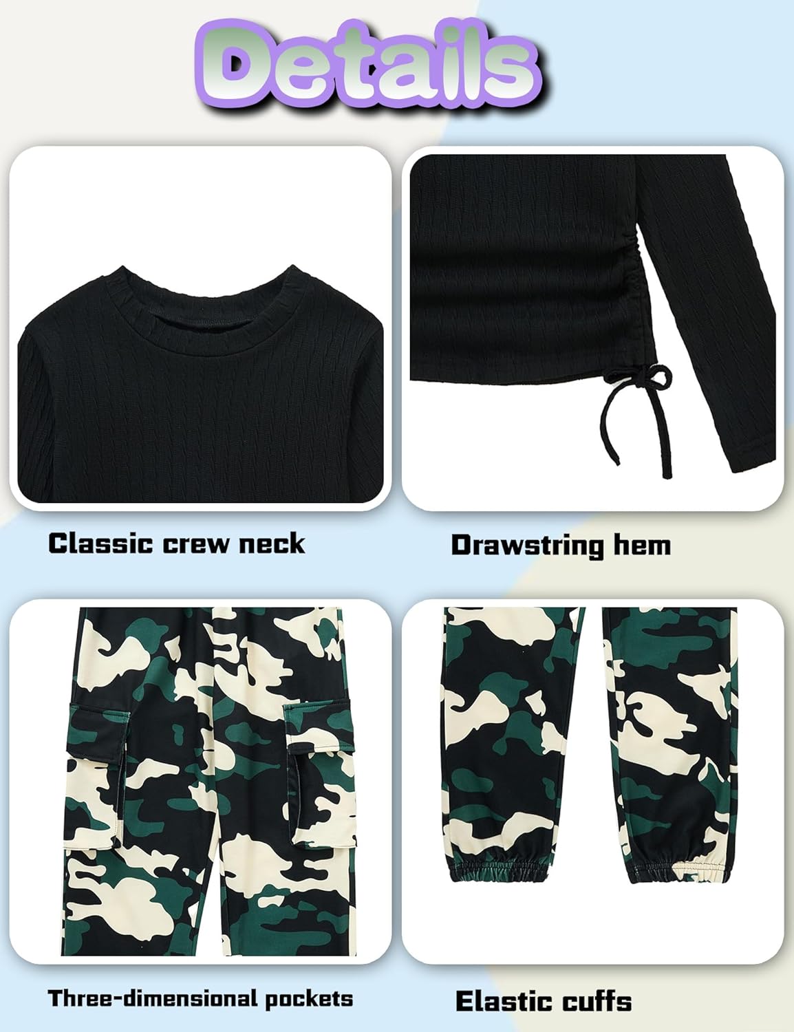 mksodop Girls Clothes Ruched Drawstring Short Sleeve Knit Top and Camo Print Pants 2 Piece Girls Outfits - Image 7