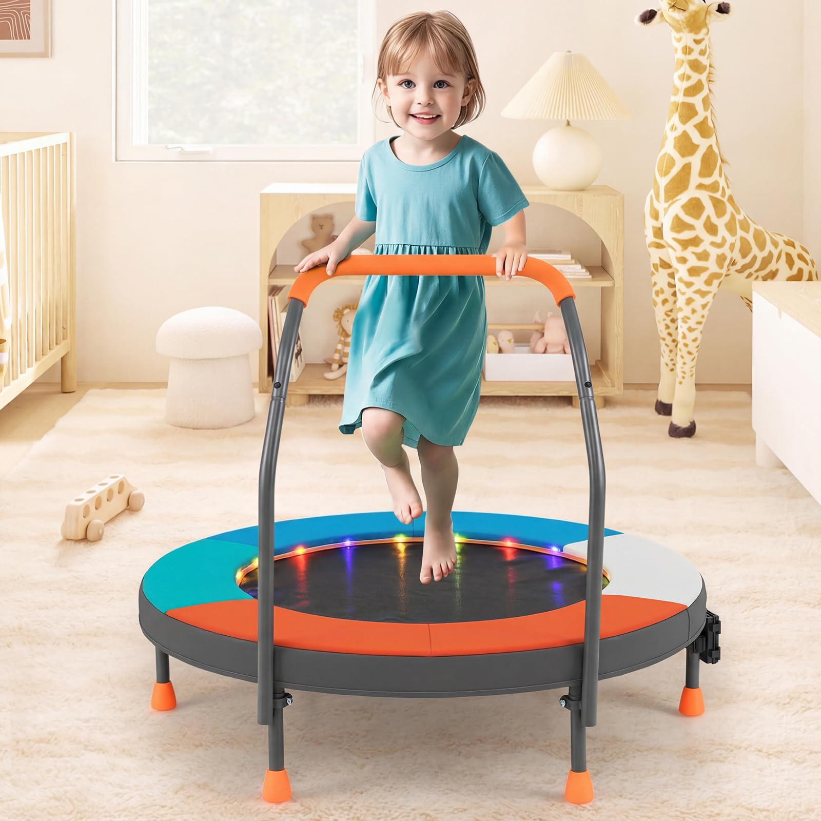 COSTWAY Ø90 cm Kinder Trampolin, Minitrampolin faltbar mit LED Beleuchtung, Fitness Trampolin Indoor mit Griff & Tragetasche, Gartentrampolin klein für Kinder ab 3 Jahren
