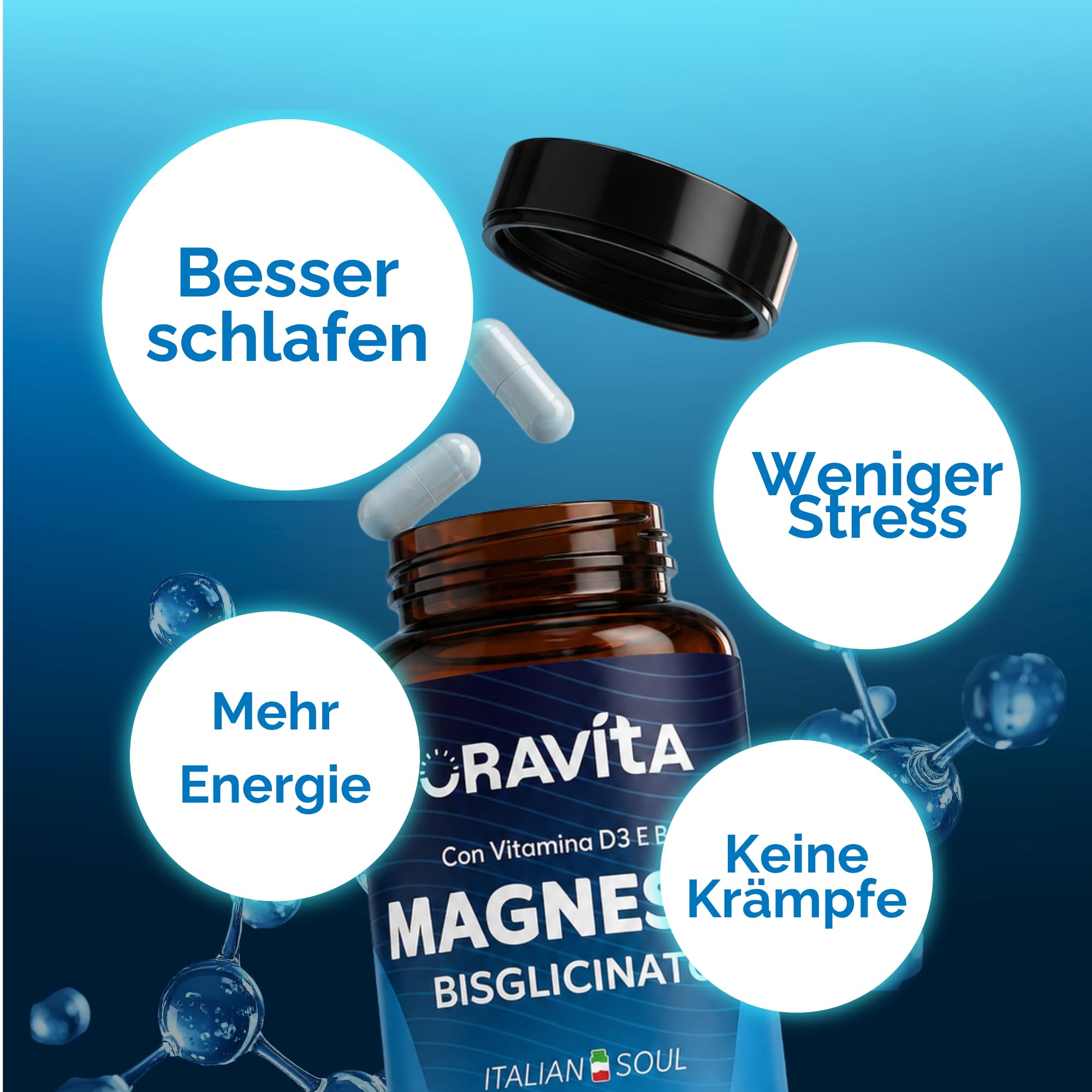Magnesium Bisglycinat 450mg + Vitamin B6 + Vitamin D3 | 360 Magensaftresistente Vegane Kapseln – 12 Monate Vorrat | Hochdosiert | Made in Italy