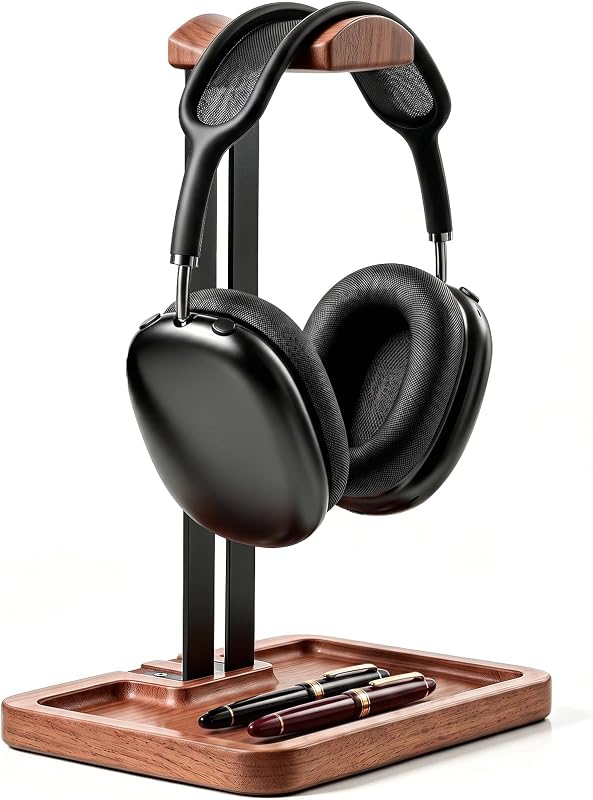 LOXP Wooden Headphone Holder, Solid Stand with Non-Slip and Storage Base | Anti-Rust Gravity Arm, Hardwood Earphone Hanger for Desk, Universal Fit for Gaming Headsets, Studio Headphones
