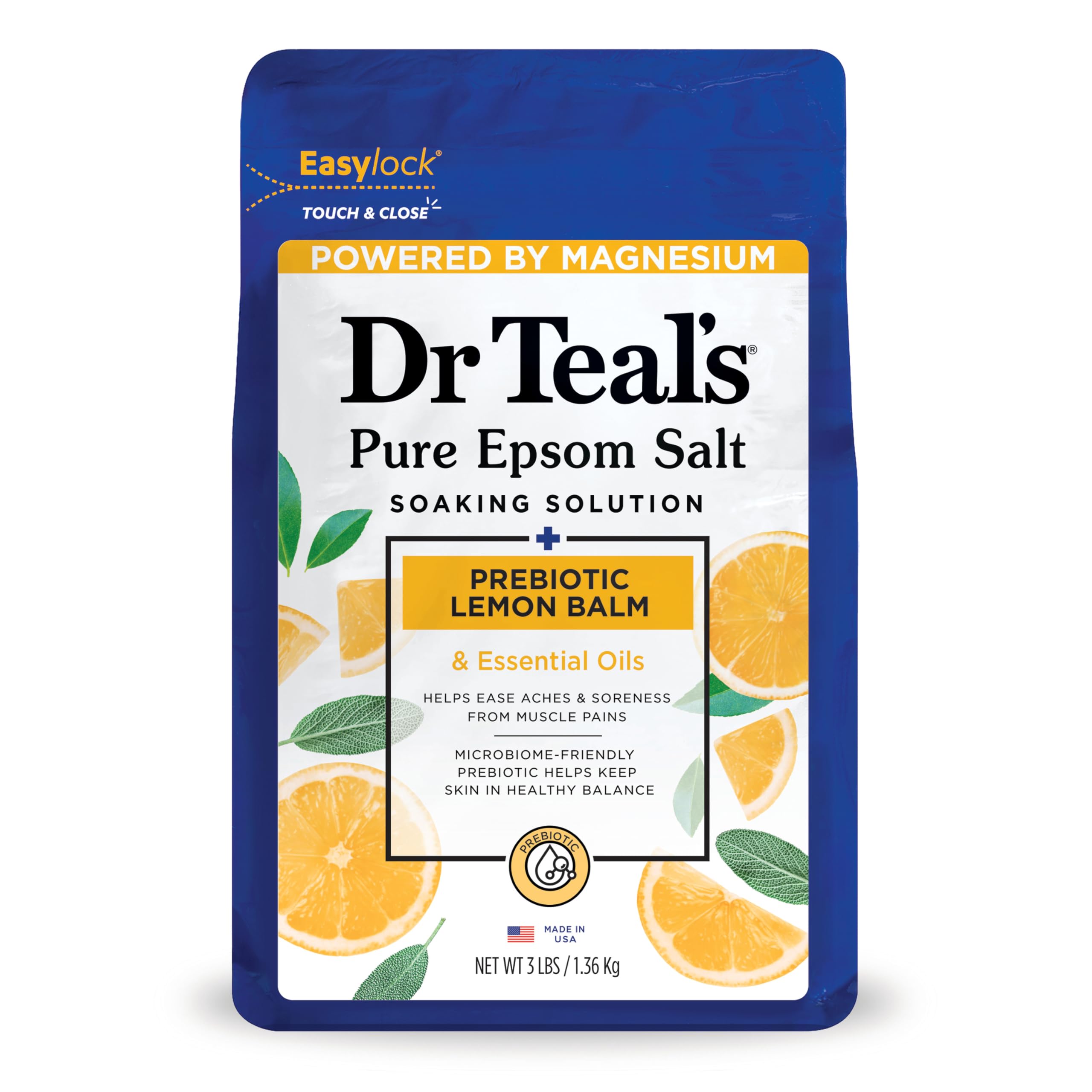 Dr Teal's Pure Epsom Salt Soaking Solution Prebiotic Lemon Balm with Essential Oils 3Lb 1.36Kg