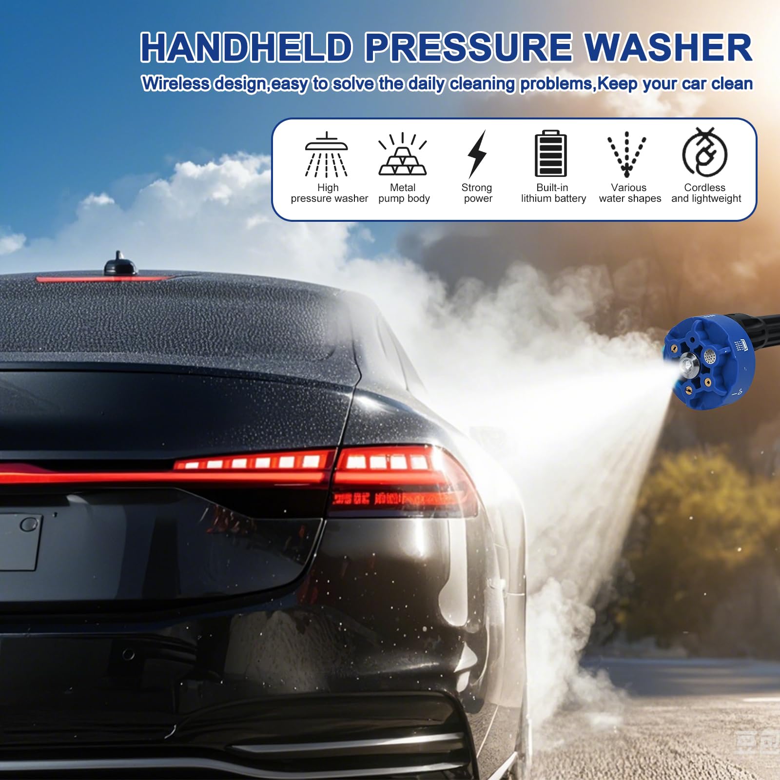 Limpiador de alta presión inalámbrico de 2 pilas 725PSI portátil, generador de espuma, manguera de 10 m, conexión de manguera, filtro, boquilla 6 en 1, lavado de chorro para coche, limpieza de