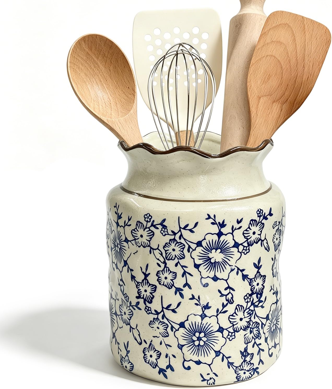 Chinoiserie Blue Porcelain Utensil Holder, Kitchen Counter Crock