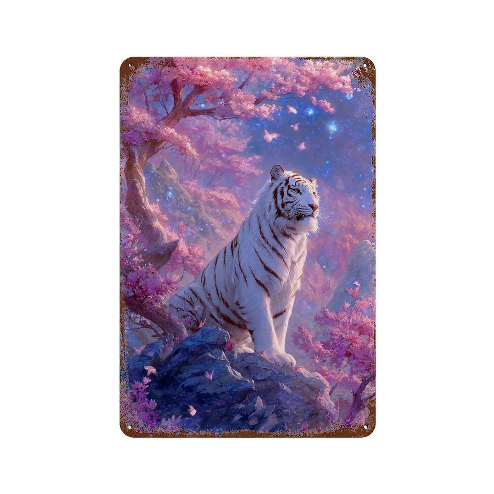 Vintage Rust Metal Sign with White Tiger in Cherry Blossom Forest Design 11.8"x7.9", for Office, Studio And Wall Decor, Farmhouse Wall Decor
