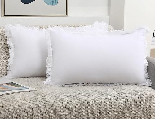 Juego de 2 fundas de almohada de lino natural con flecos, funda de almohada lumbar decorativa neutra blanca con borlas elegantes de arpillera para