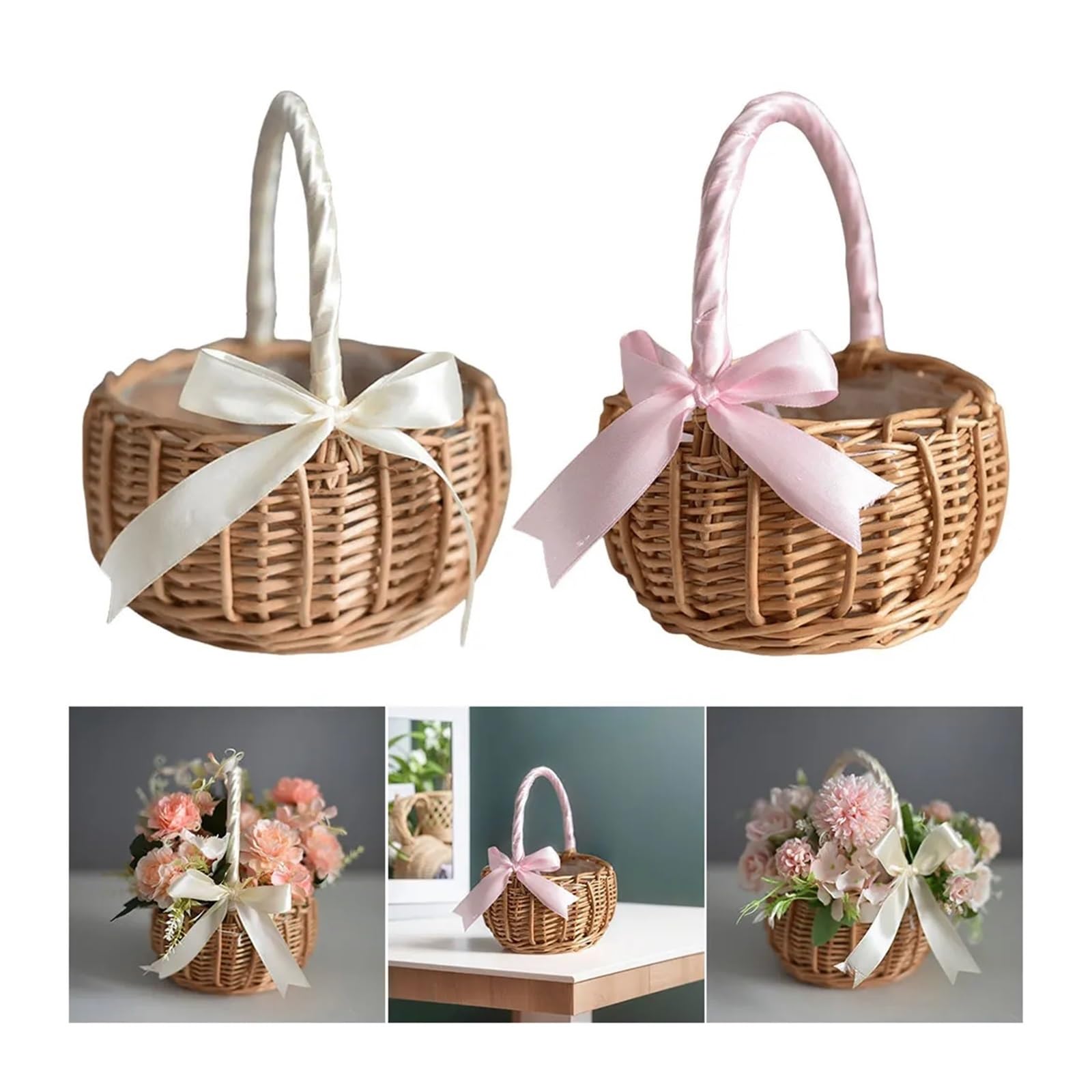Blumenkörbe, gewebter Aufbewahrungskorb mit Griff, Hochzeitsblumenkörbe, Weiden-Rattan-Blumenkorb for Zuhause, Hochzeitsdekor, Hochzeitsblumenmädchenkörbe (Pink)(White)