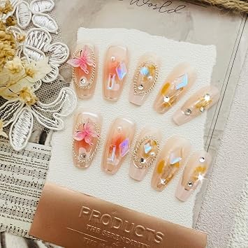 Nude Pink French Tips Press on Nails, Luxury 3D Long Length Coffin Square Fake Nails, Butterfly Chain Rhinestones Design Ballerina Tips, Gradient Acrylic False nails for Women and Girls 24Pcs