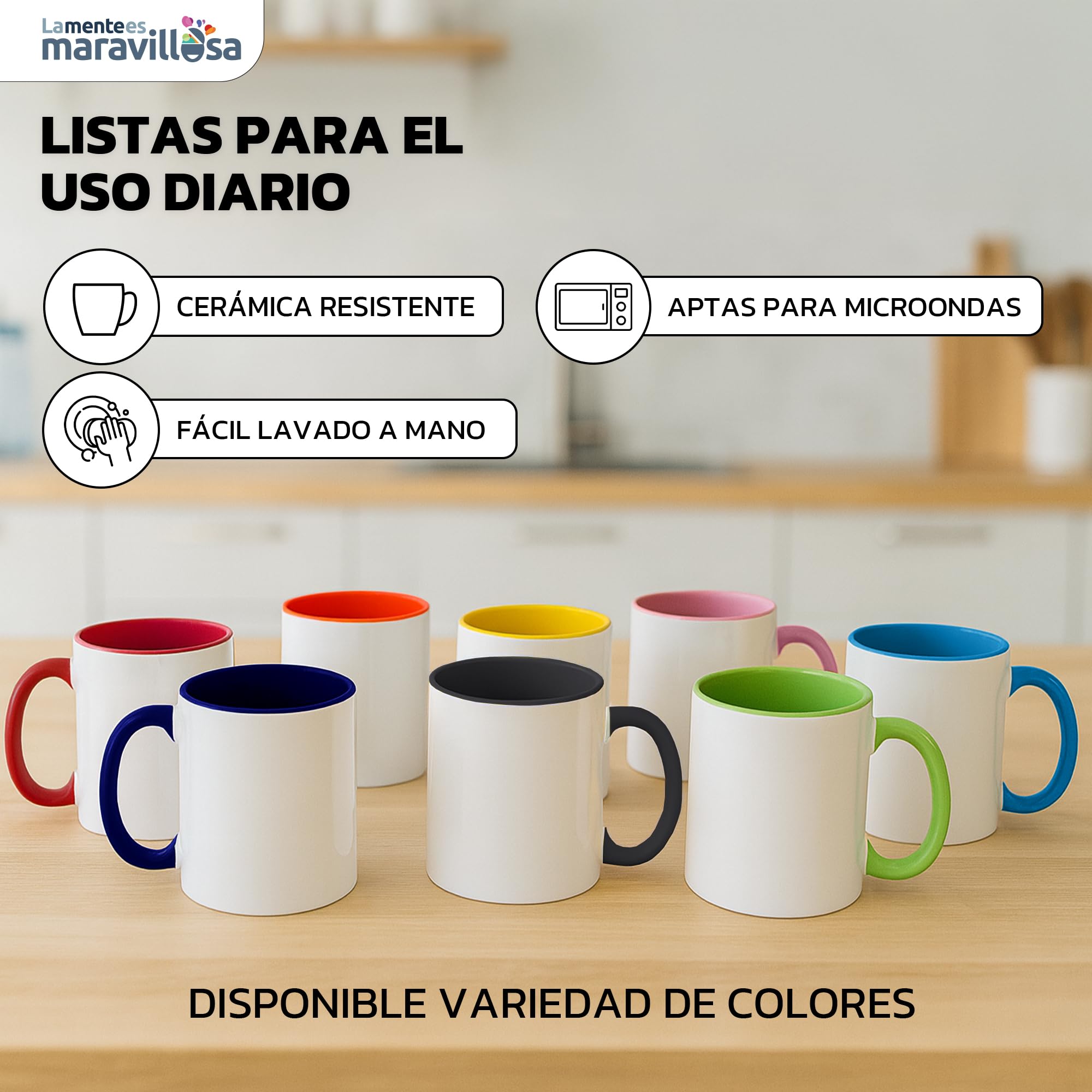 LA MENTE ES MARAVILLOSA - Tazas de Cerámica para Sublimación【Pack de 36】 11 oz/330 ml - Regalo Original | 8x10 cm | Ideales para Café, Té e Infusiones, Aptas para Microondas (Blanco/Verde)