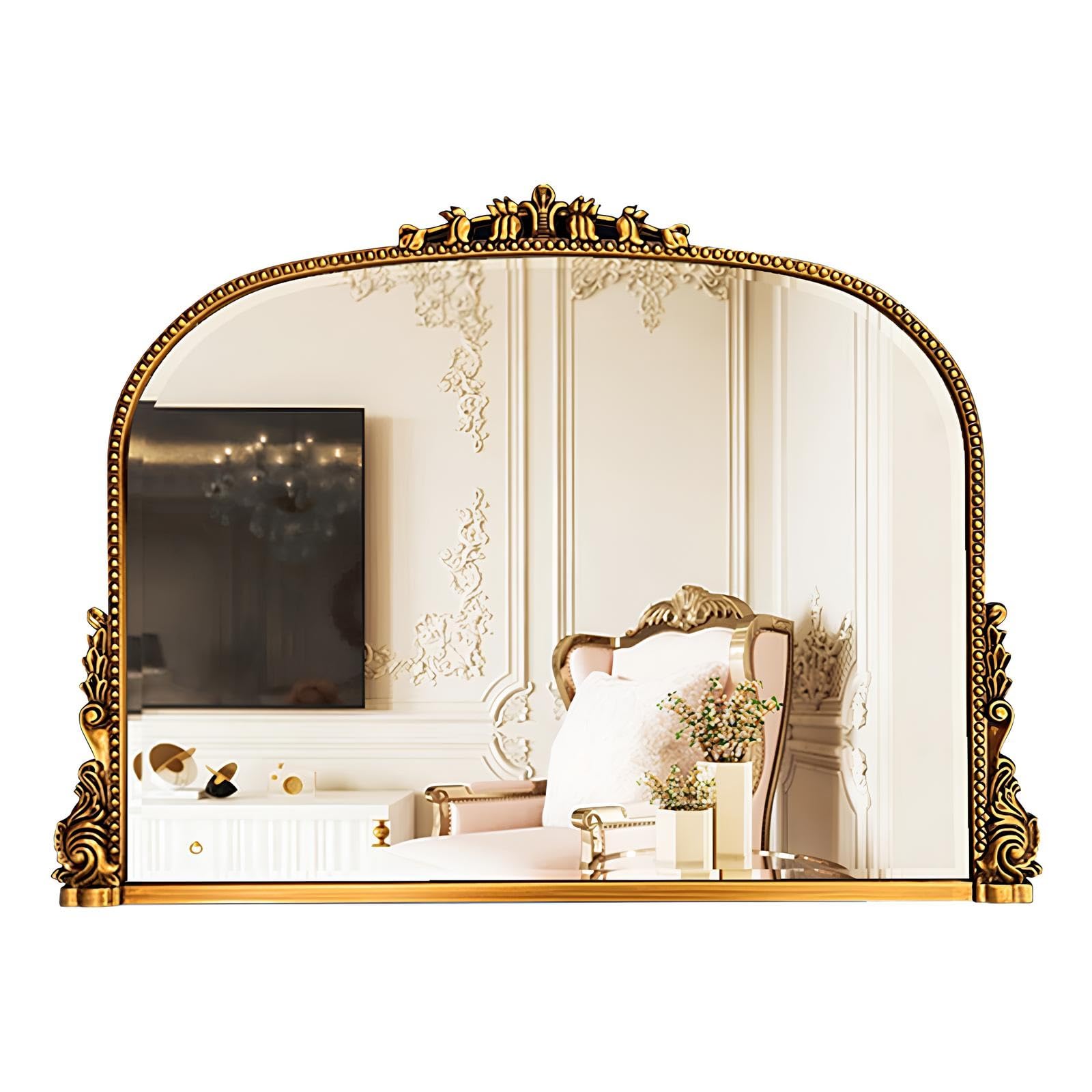 FGXHHS Baroque Vintage Vanity Makeup Mirror, Small Standing Mirrors, Arched Wall Mirror For Hallway, Living Room, Entryway, Fireplace(Gold)