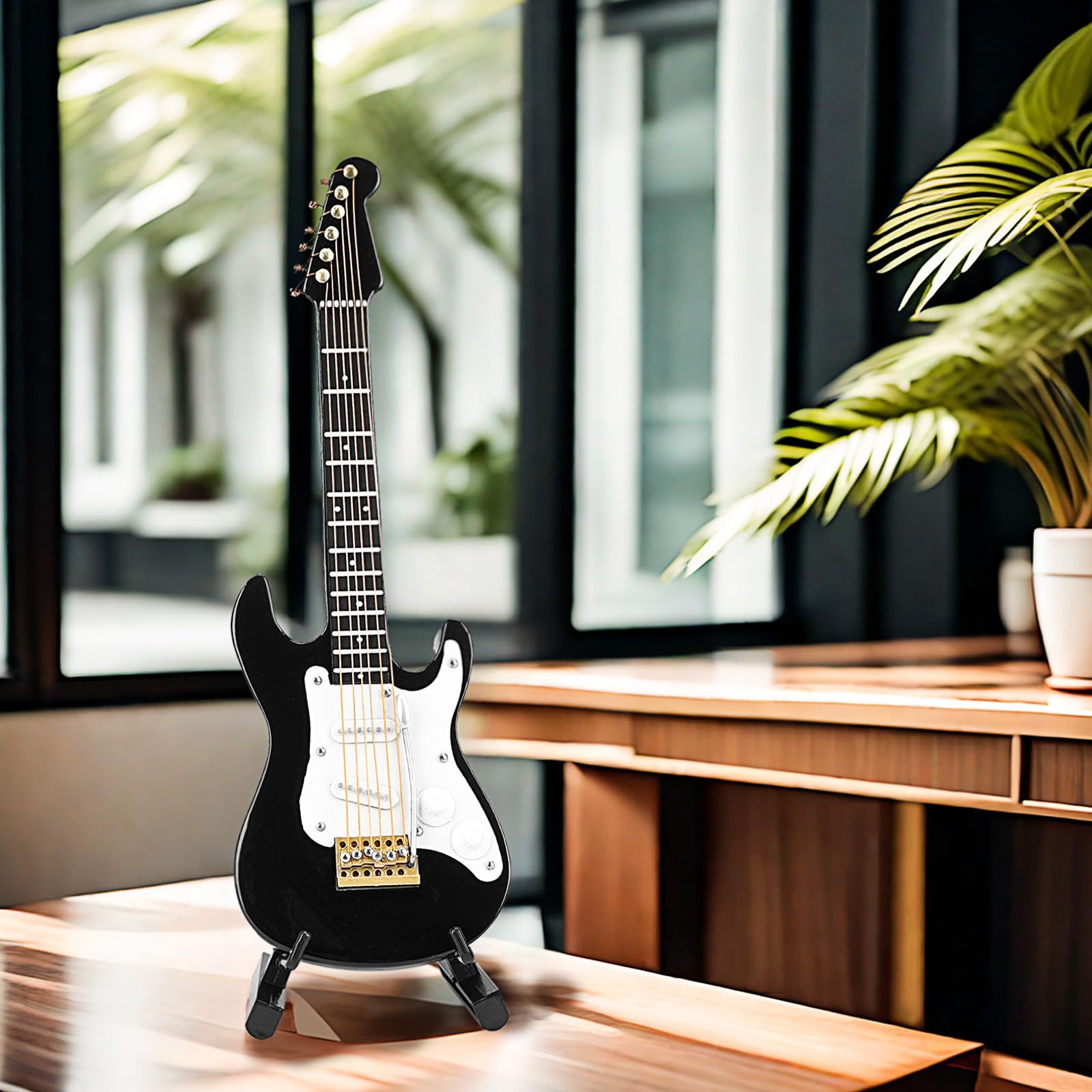 Musiin Chitarra in miniatura con supporto e custodia, chitarra elettrica mini a 6 corde da 14 cm, decorazione per scrivania, studio musicale, regalo per amanti della chitarra (elettrica nera)