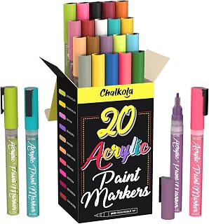 Marqueurs Peinture Acrylique par Chalkola - Pointe Ciseau et Rond de 3mm - Lot de 20 Marqueurs de Peinture à Base d'Eau pour Pierre, Tissu, Céramique et plus