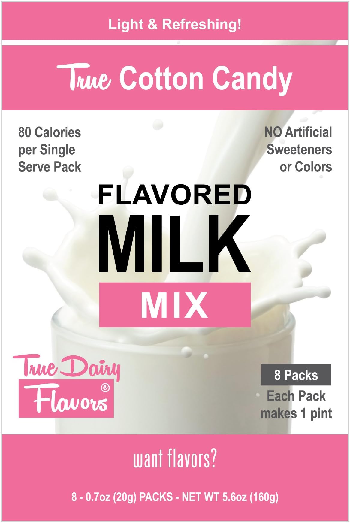 True Dairy Flavors Cotton Candy Flavored Milk Mix, 8 Pack of 20 g Single Serve Sticks