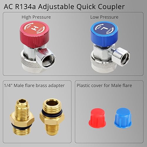 Miniatura 5 de YSTOOL Automotriz AC R134a Kit de acoplador rápido ajustable HVAC Conversión de conector alto y bajo con adaptador SAE macho de 14 de pulgada
